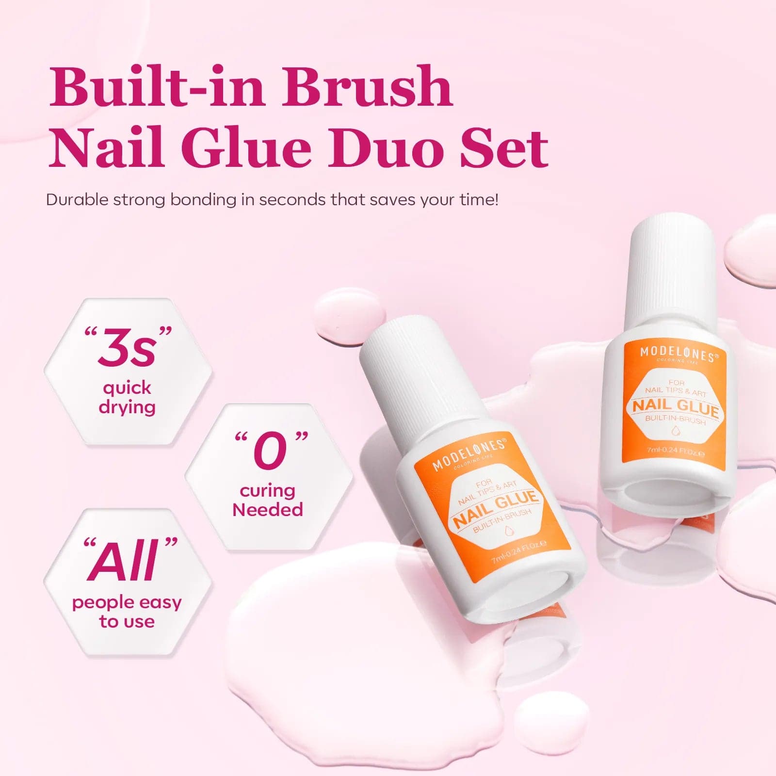 Modelones 2Pcs Built-in Brush Nail Glue Duo Set