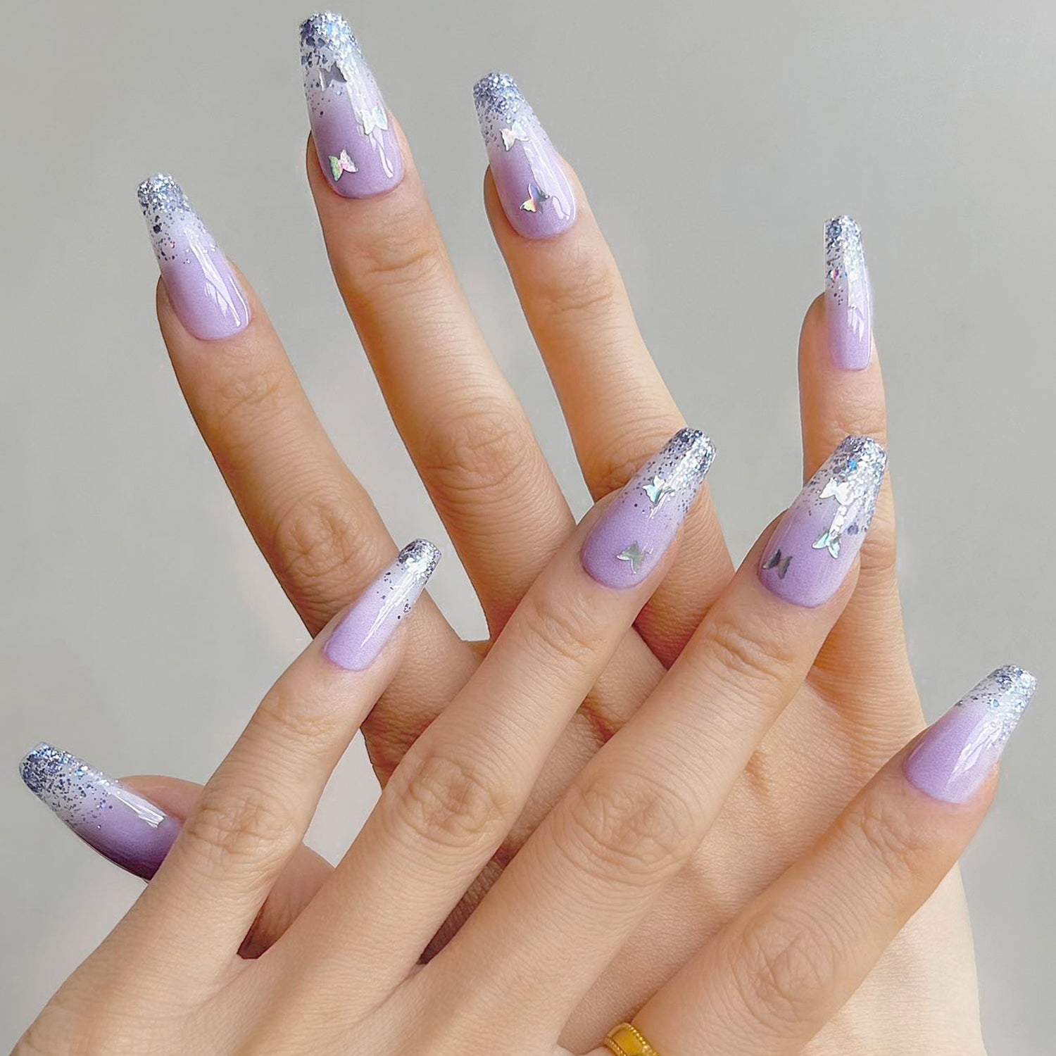 Purple Butterfly - 24 Fake Nails 12 Sizes Short Almond Press on Nails Kit