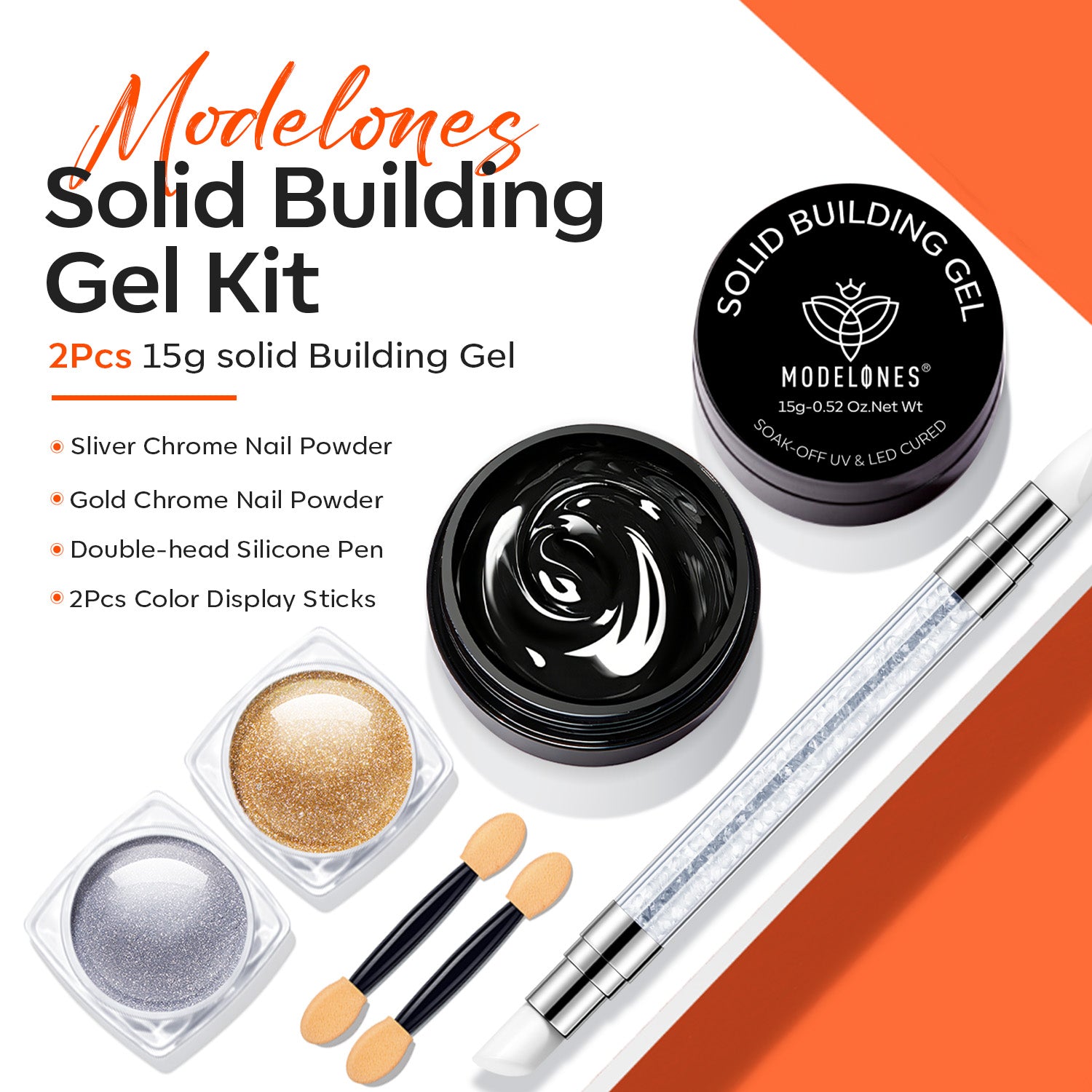 Solid Builder Gel Kit with Gold & Silver Chrome Powder Solid Builder Gel MODELONES 
