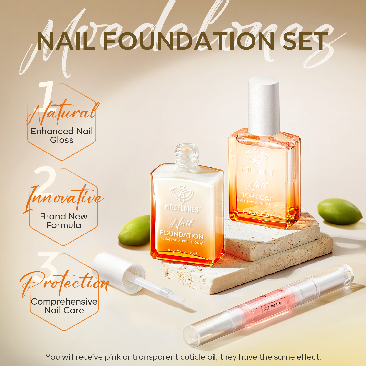 Nail Foundation Set with Top Coat & Cuticle Oil - Pearl White【US/EU ONLY】