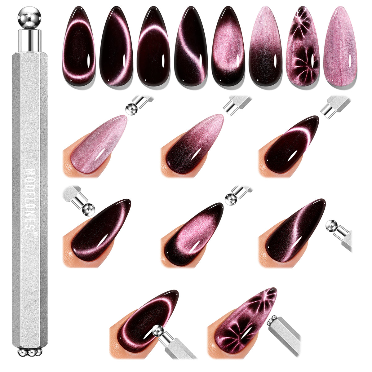 modelones 3-in-1 Cat Eye Magnet Nail Art Tool, Round Cylinder & Flower Magnetic Pen for Gel Nails, French, Black Hole, Floral, Velvet Cat Eye Effects, DIY Manicure for Nail Lovers (Gel Not Included)