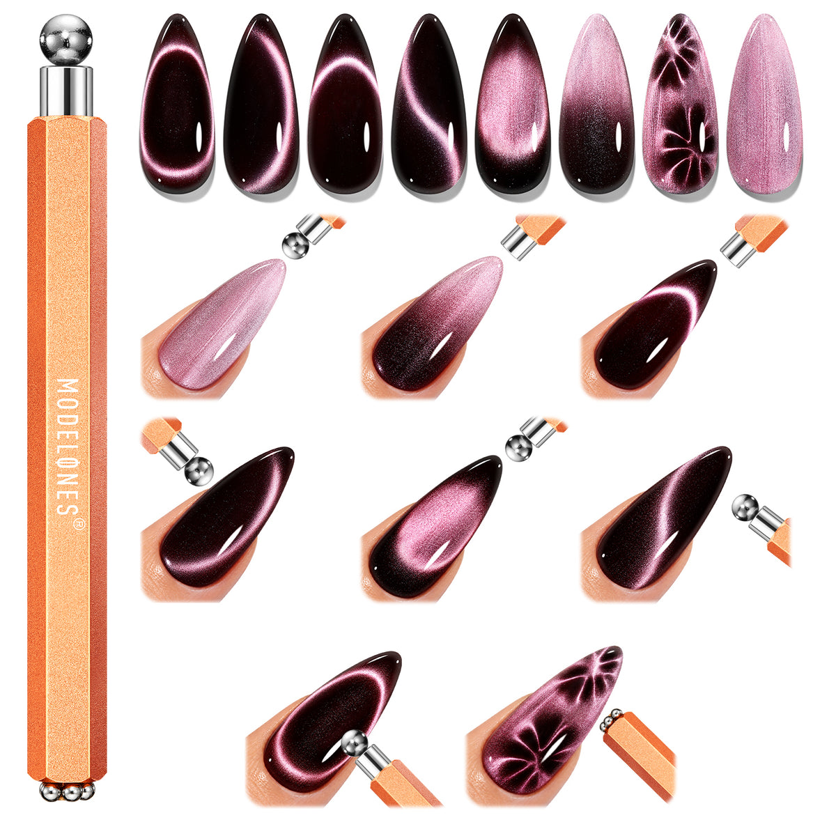 modelones 3-in-1 Cat Eye Magnet Nail Art Tool, Round Cylinder & Flower Magnetic Pen for Gel Nails, French, Black Hole, Floral, Velvet Cat Eye Effects, DIY Manicure for Nail Lovers (Gel Not Included) (Copy)