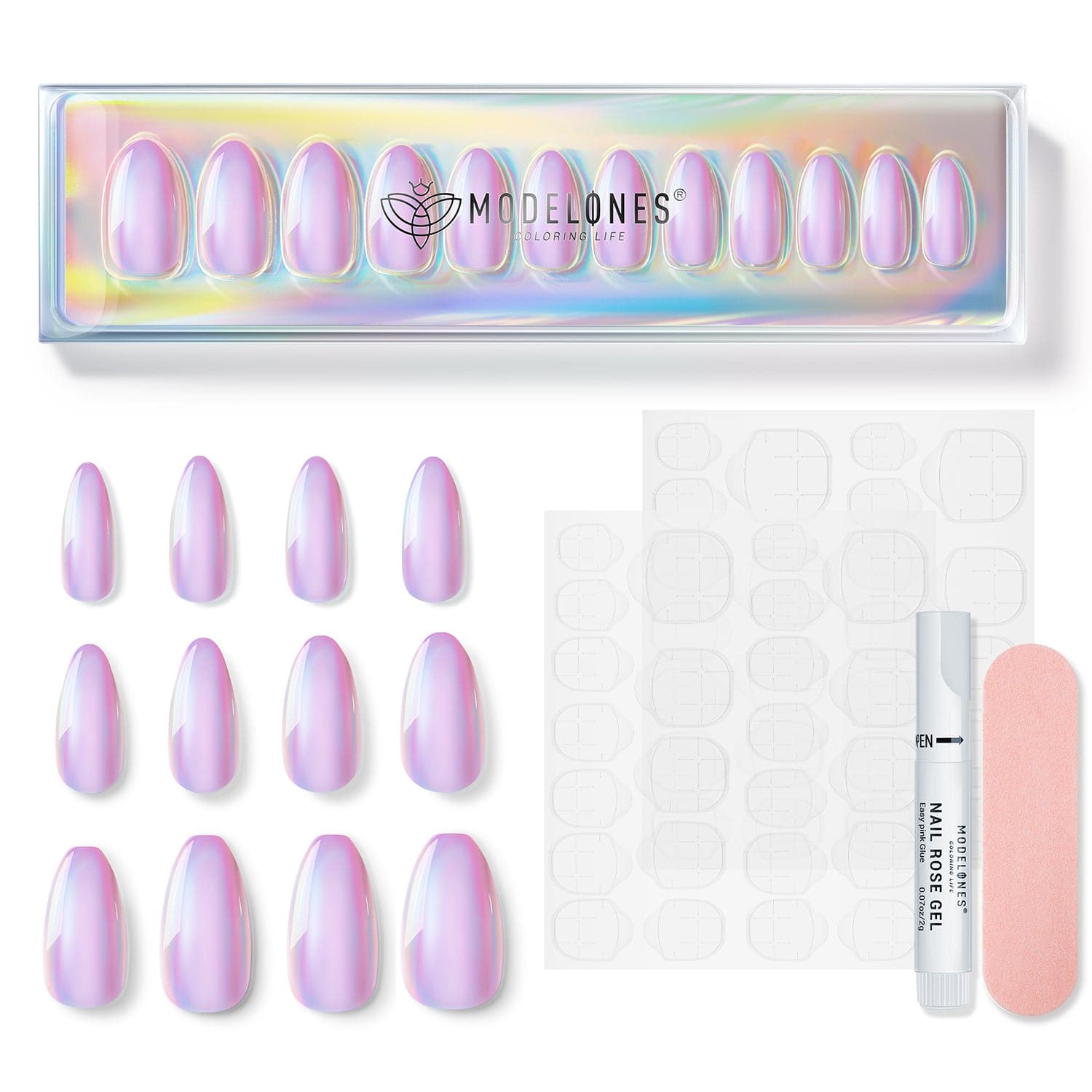 Free Pink Stardust - 24 Fake Nails 12 Sizes Short Coffin Press on Nails Kit