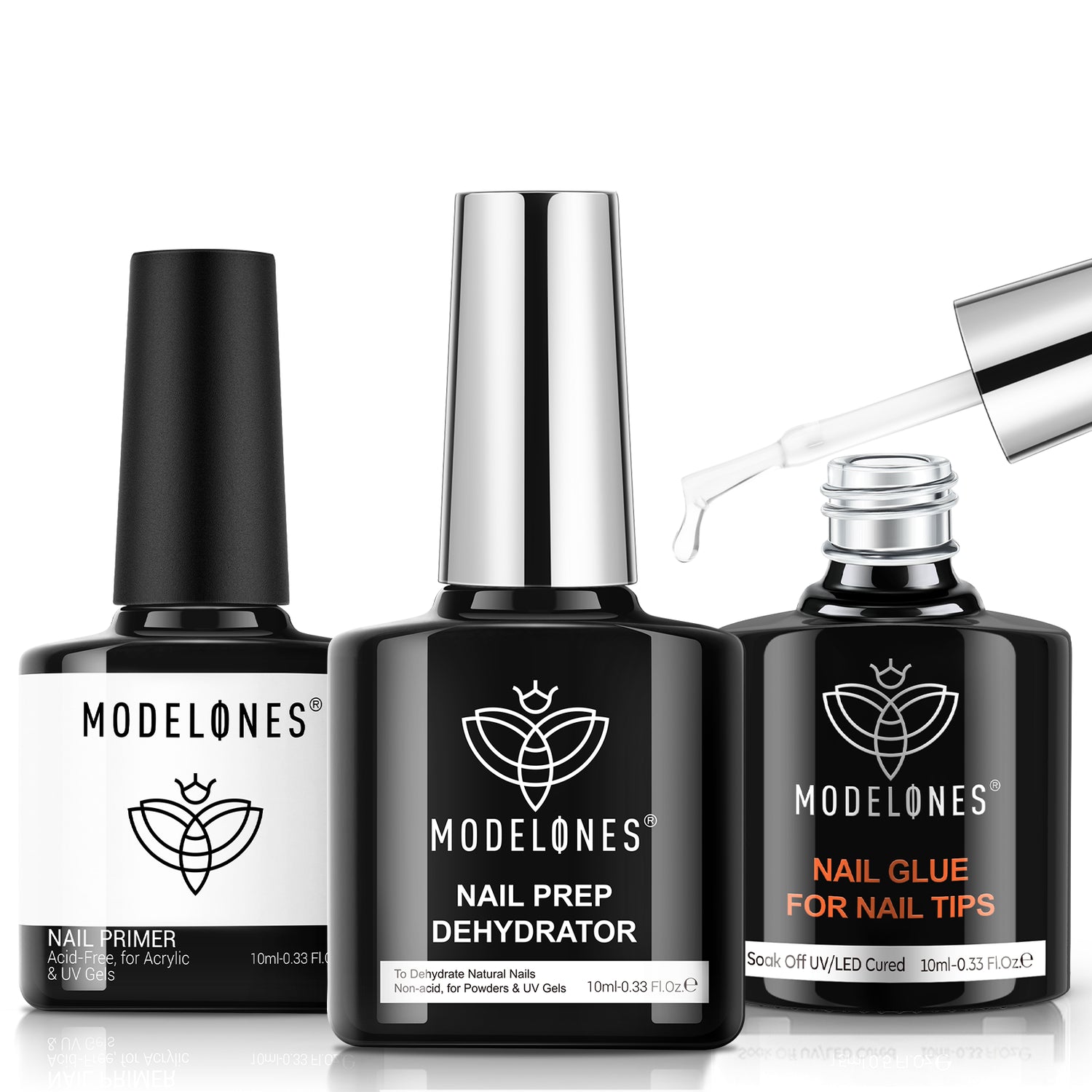 modelones 10-in-One X Nail Gel Glue with Nail Dehydrator Primer Set | Adhesive Bond for Press Ons False Tips Acrylic Rhinestones Prevent Lift Clear Multi Use Gel Polish U V Cure Soak Off Manicure