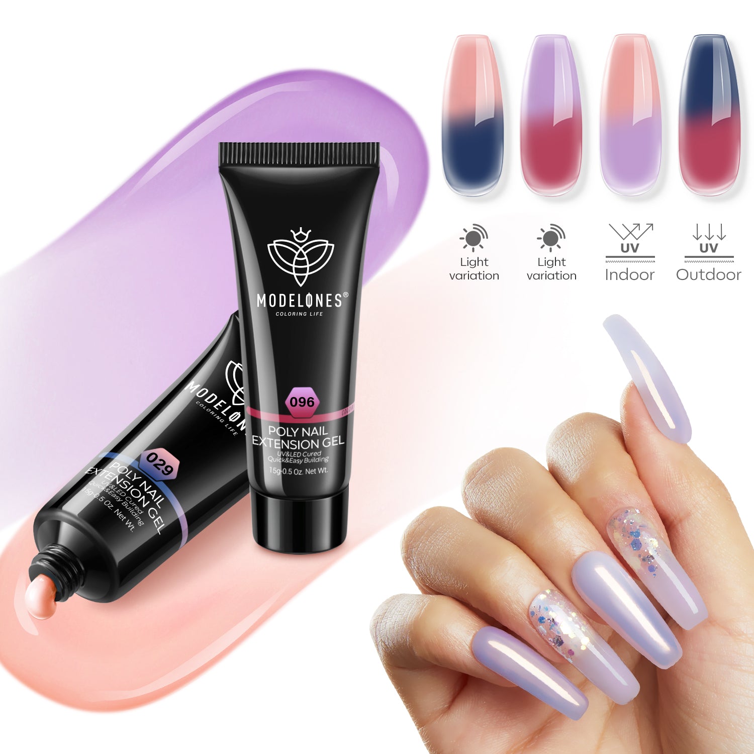 Violet & Powderblue - 2Pcs Light Color Changing UV Poly Nail Gel Set (15g)