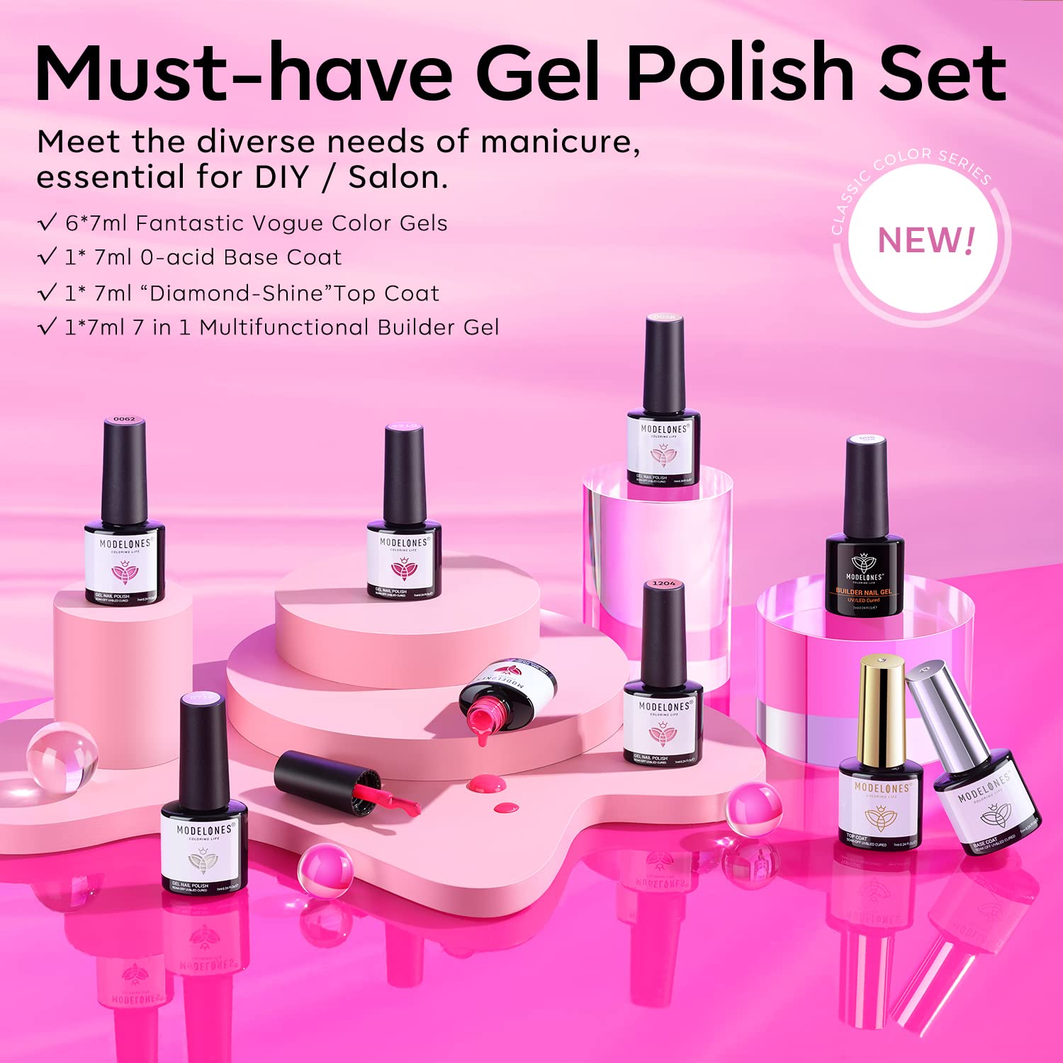 Neon Barbie Pink - 9Pcs 6 Colors Gel Nail Polish Kit