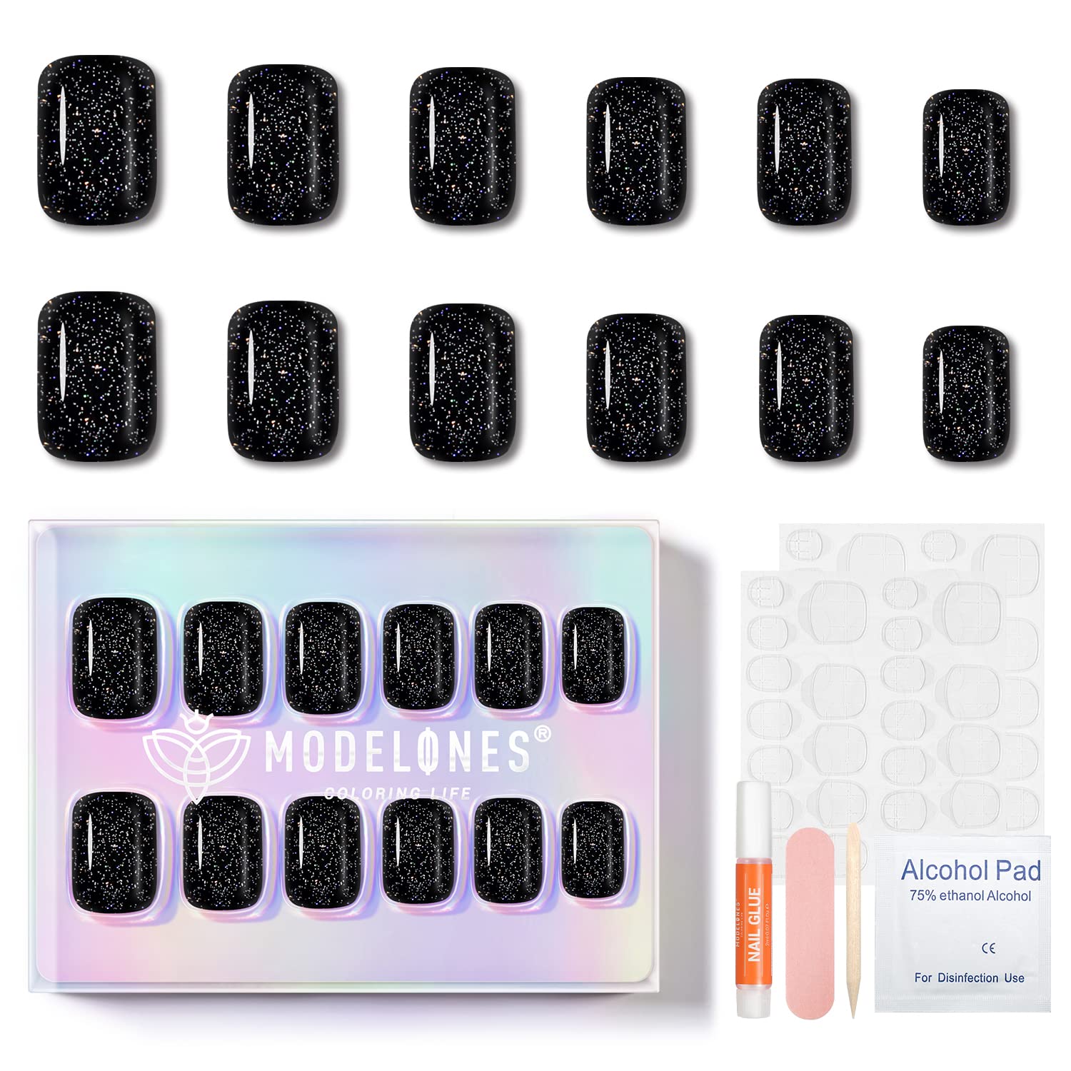 Glittery Black press on nails MODELONES 