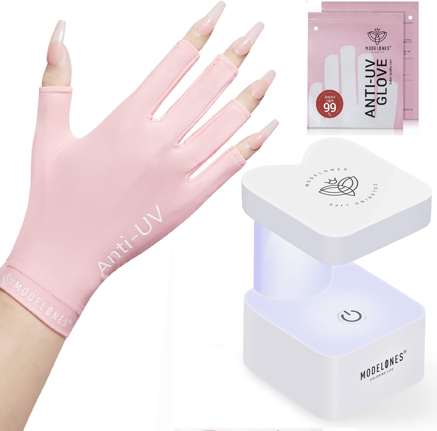 Modelones Anti-UV Light Glove with 8W Nail Lamp for Nails Salon Professional UPF 99+【US ONLY】, Pink
