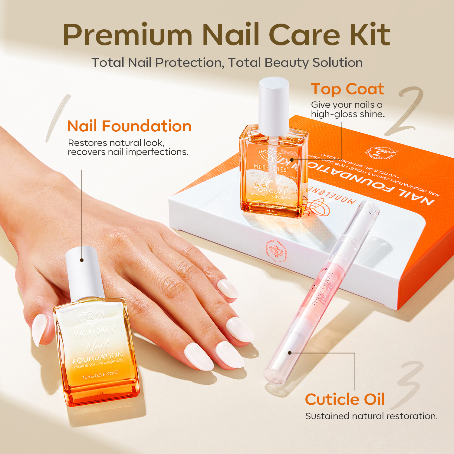 Nail Foundation Set with Top Coat & Cuticle Oil - Pearl White【US/EU ONLY】