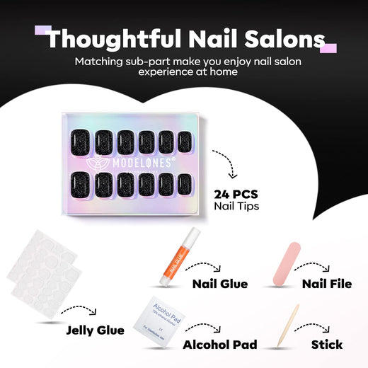 Glittery Black - 24 Fake Nails 12 Sizes Short Square Round Press on Nails Kit