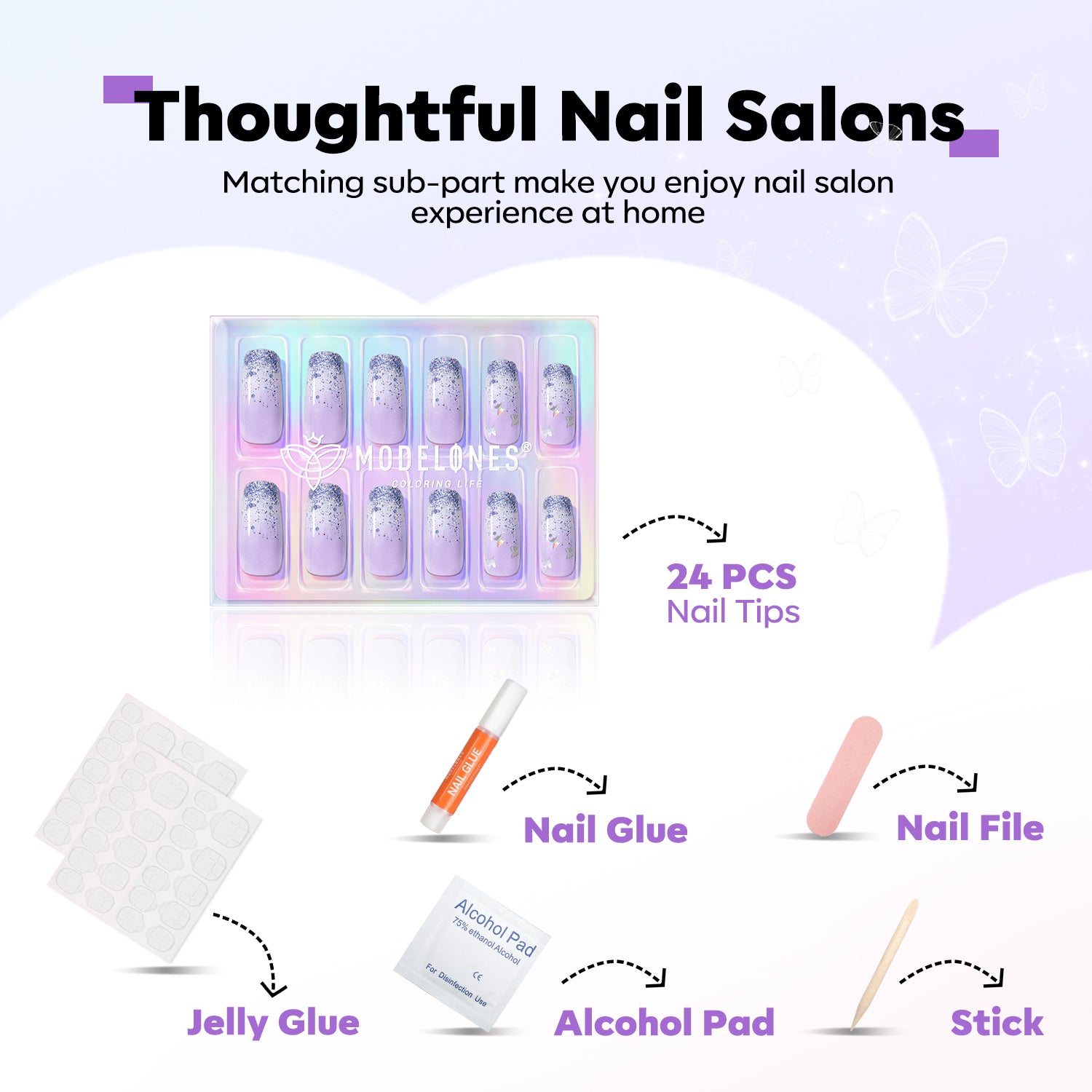 Purple Butterfly - 24 Fake Nails 12 Sizes Short Almond Press on Nails Kit