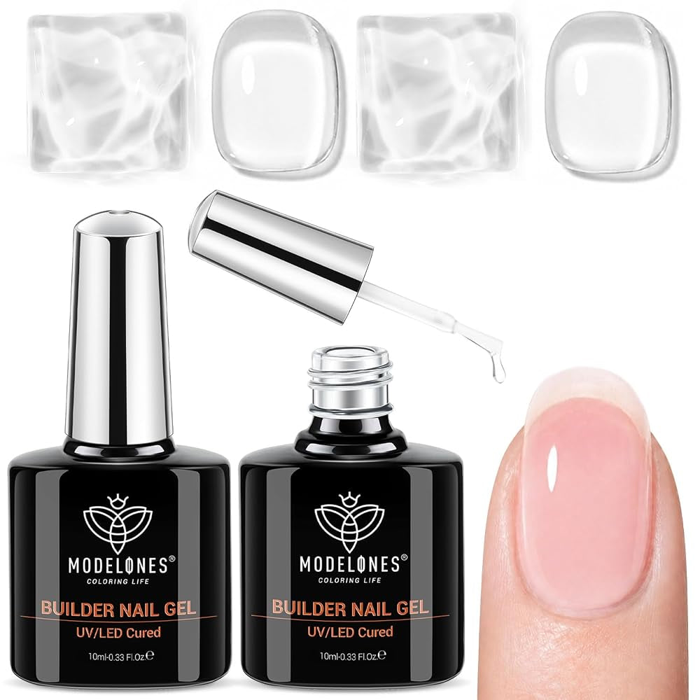 modelones Builder Nail Gel, 2 Pcs Clear Builder Nail Polish for Thickening Strengthener Apex Building Extension Rhinestone Glue Gel Polish in a Bottle for DIY Home Salon Gifts 10ml LED Lamp Cured