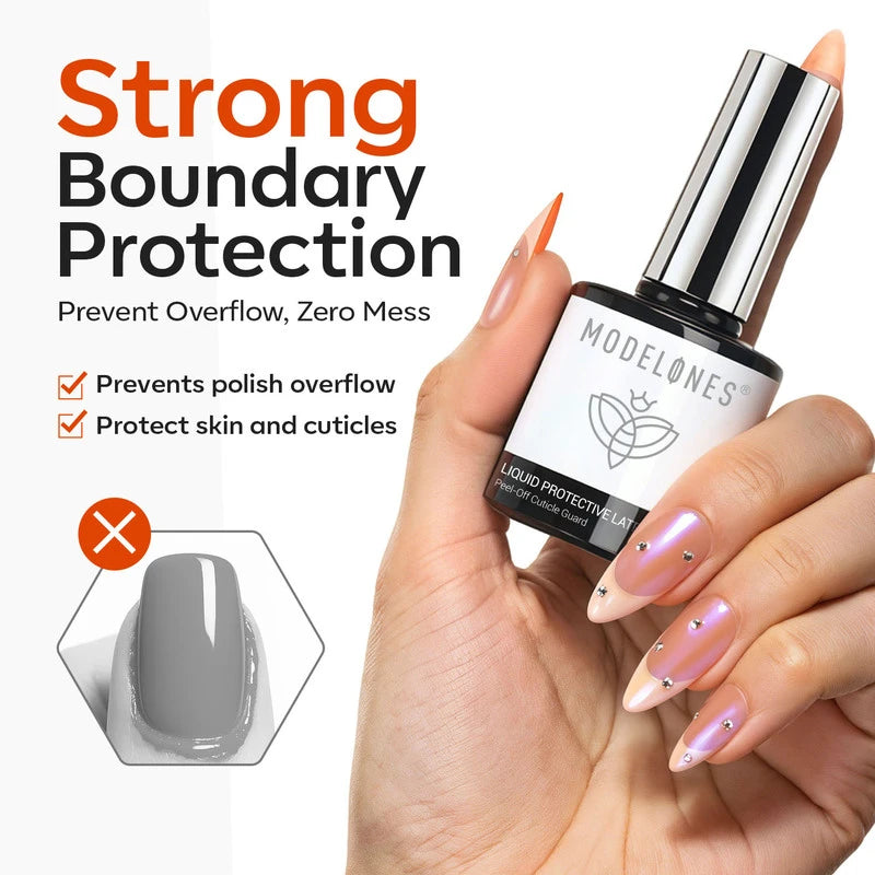 A manicured hand holds a MODELONES Liquid Protective Latex 15ml bottle. Text highlights strong boundary protection for flawless nail art, preventing polish overflow and shielding skin and cuticles. Gray polish overflow is illustrated.