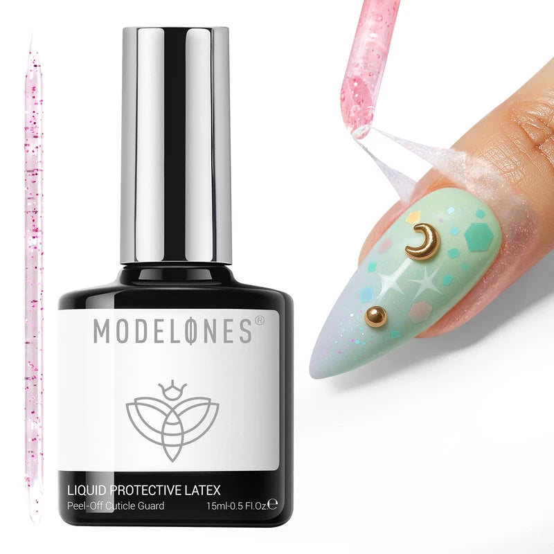 A nail with pastel geometric nail art and gold accents is shown as pink MODELONES Liquid Protective Latex 15ml is peeled from the skin; a MODELONES Liquid Protective Latex 15ml bottle is visible nearby.