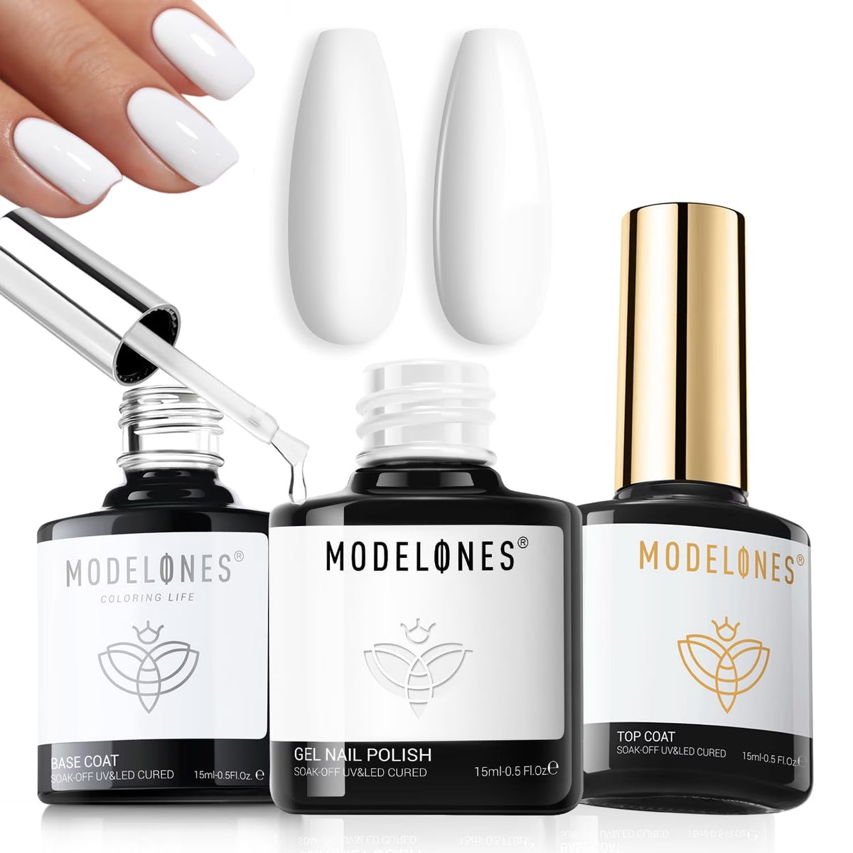 modelones Gel Top Coat Base Coat and White Gel Nail Polish 3 Pcs No Wipe Spring Gel Polish Set, Soak Off Nail Lamp Acid Free No Wipe Clear Base Top Gel Nail Polish Art Manicure Gifts for Women