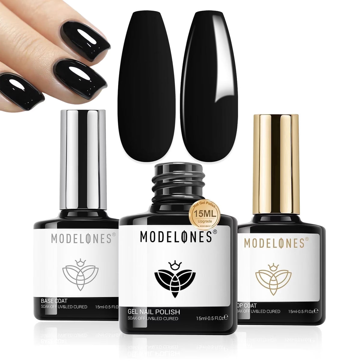 modelones Gel Top Coat Base Coat & Black Gel Nail Polish Set, 3 Pcs No Wipe Shine Finish and Long Lasting, Soak Off Nail Lamp Acid Free No Wipe Clear Base Top Gel Nail Polish Art Manicure Gifts