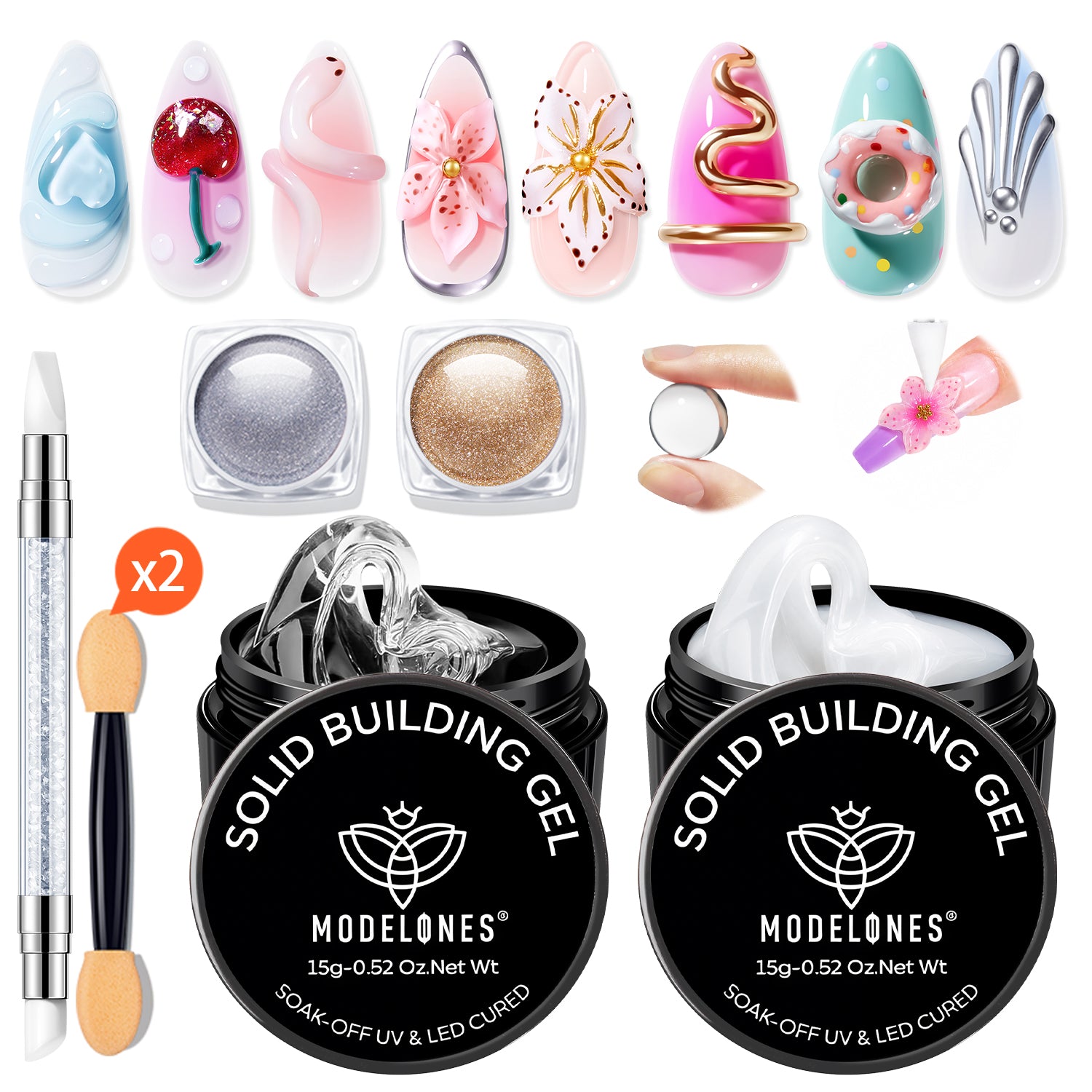 Solid Builder Gel Kit with Gold & Silver Chrome Powder Solid Builder Gel MODELONES 
