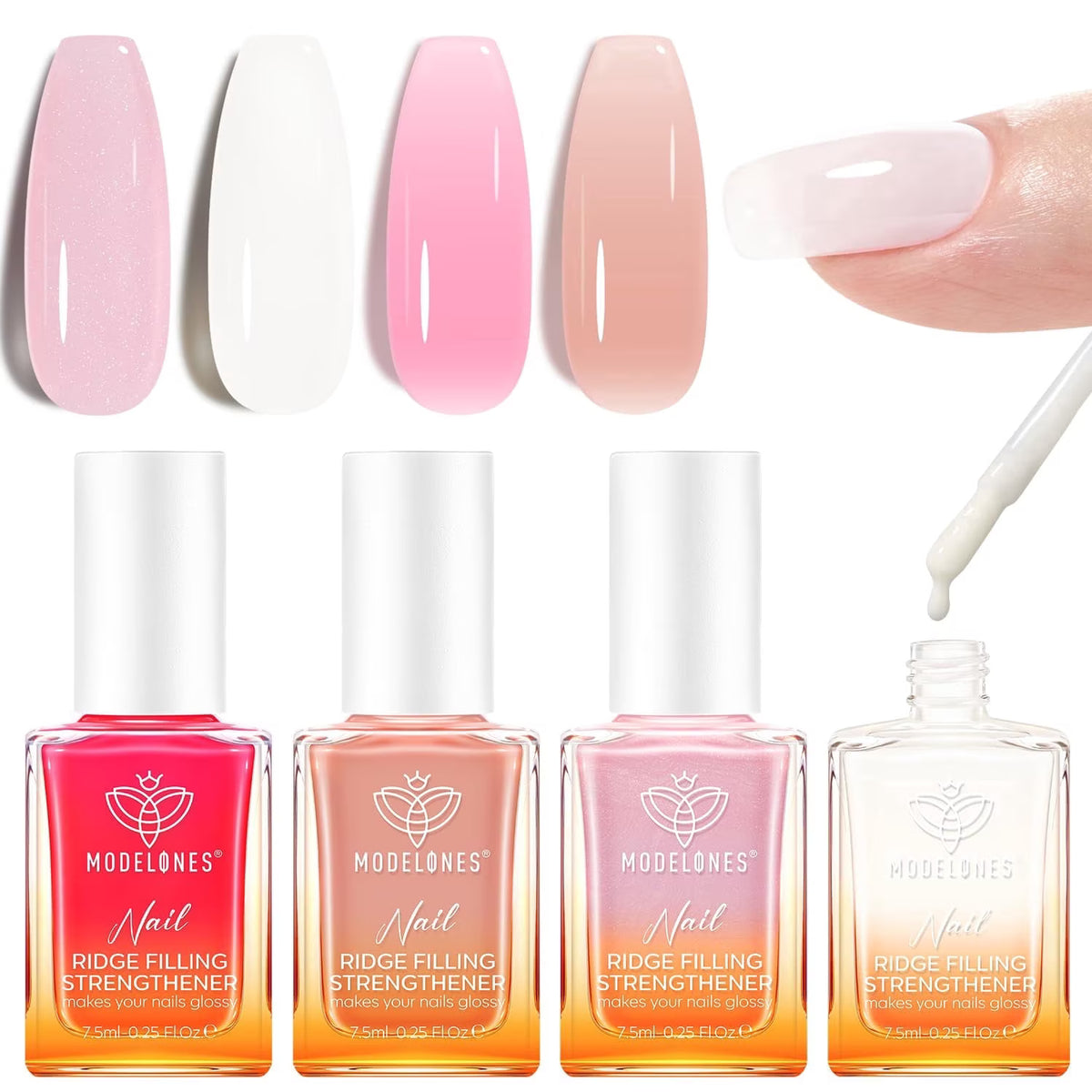modelones Nail Strengthener Kits Milky White Glitter Pink Nude Nail Polish Sets Nail Repair for Damaged Nails Strengthener and Growth for Thin Weak & Damaged Nail Care Kit for Women 4 Pcs Gifts Sets