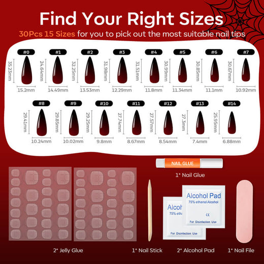 Blood Veil - 30 Pcs 15 Sizes Halloween Long Almond Press on Nails Kit