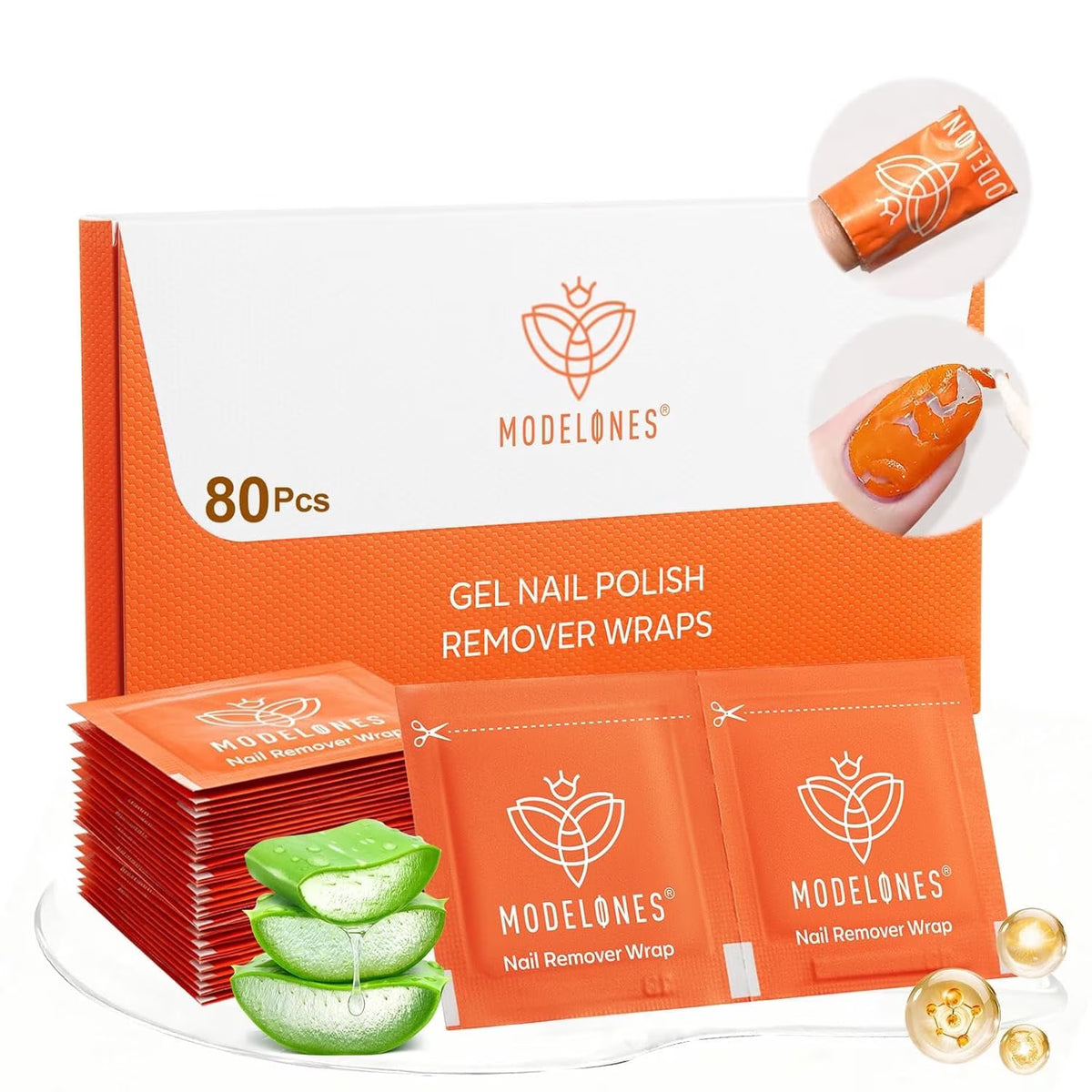 Modelones Nail Polish Remover, 80 Tablets Professional Acetone U V Gel Nail Polish Remover, Soakable Lint-Free Cotton Foil Wipe Pad, Gentle Nail Removal Tool with Aloe Vera Extract