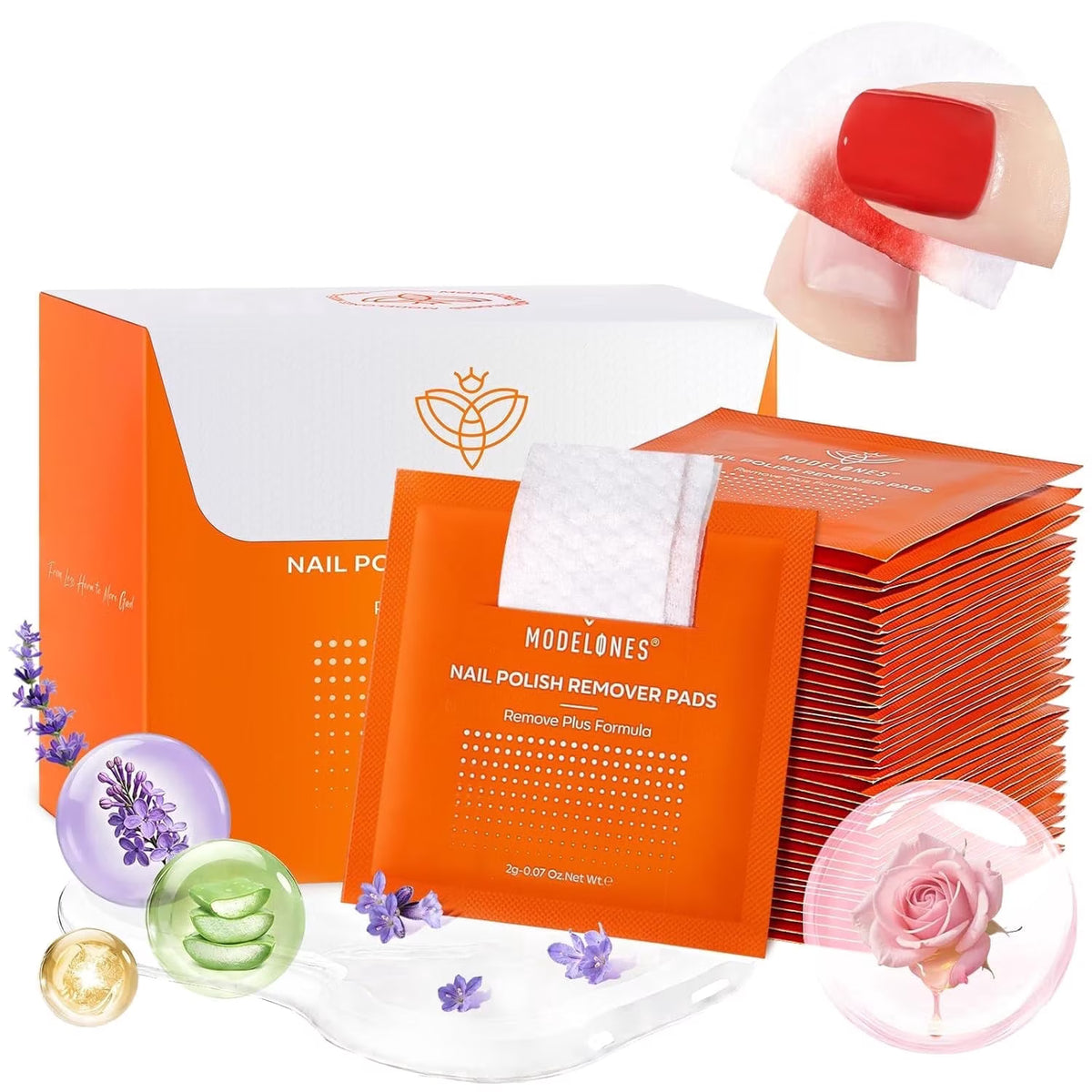 Modelones Nail Polish Remover Pads, Acetone Nail Polish Remover Wipes 50 PCS Professional Individually Wrapped Wet Wipes Easily & Quickly Rose Smell Glycerin Moisturizing Big Size Portable