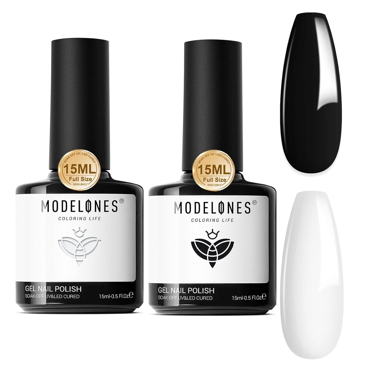 modelones Black White Gel Polish Set, 2Pcs 15ml Full Size Black White Color