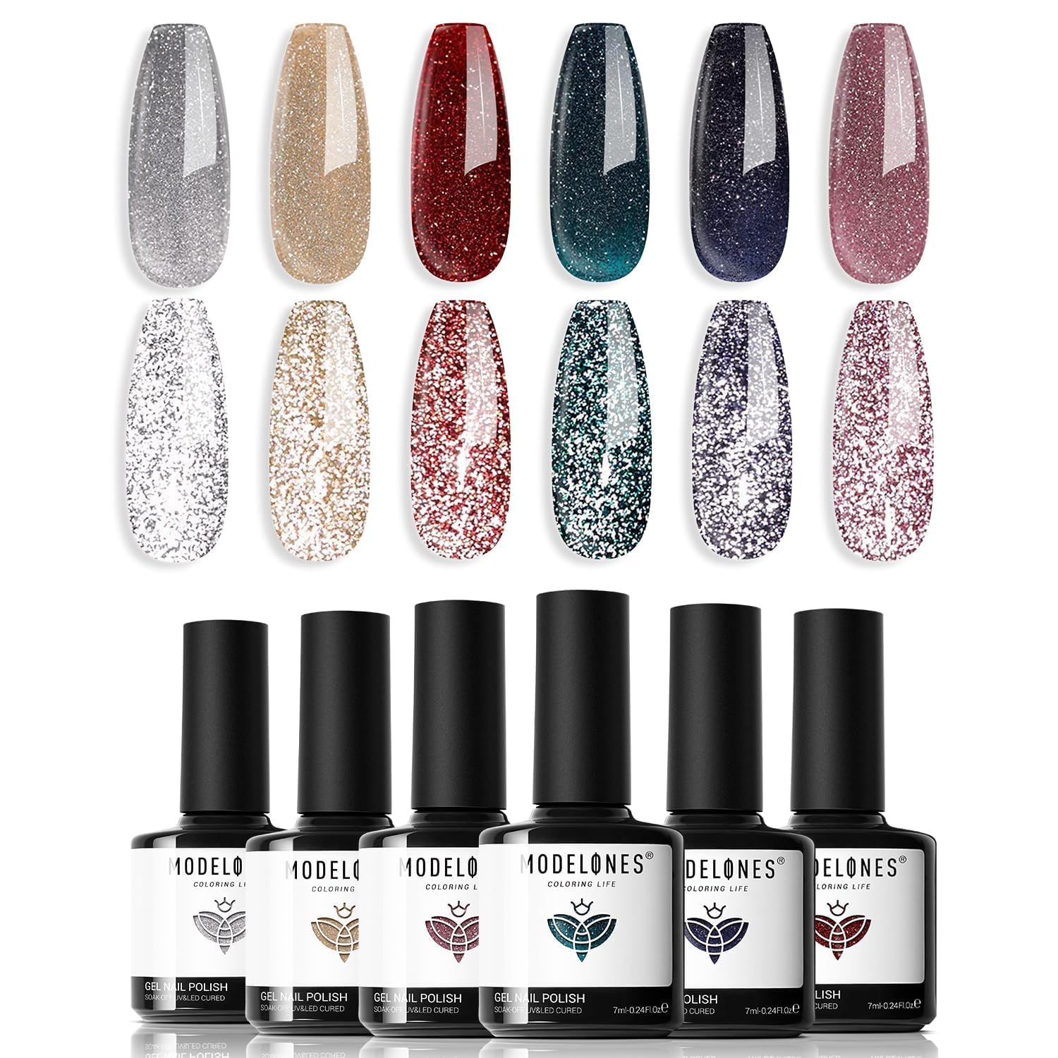 modelones Glitter Gel Nail Polish Set, 6 Colors Fall Winter Shimmer Sparkle