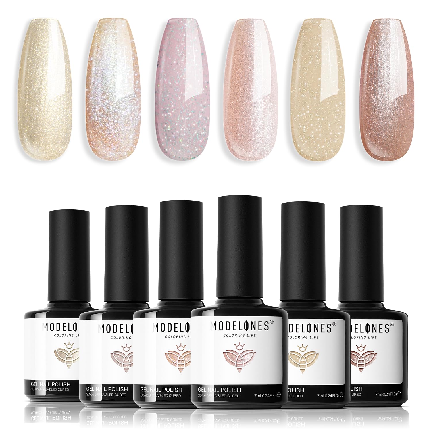 modelones Nude Gel Nail Polish Set 6 Colors, Neutral Skin Tone Pink Glitter