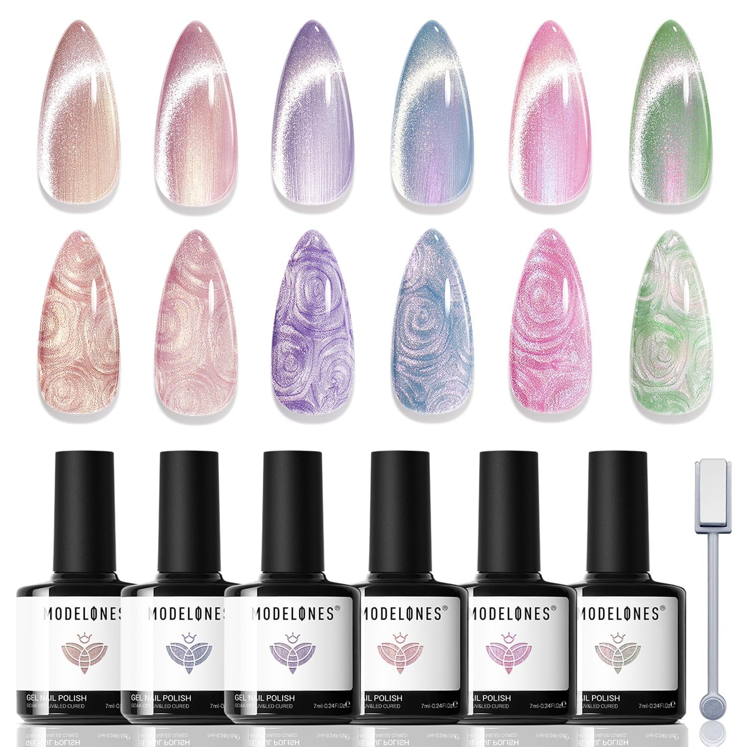 modelones Cat Eye Gel Nail Polish, 6 Colors Pearl Magnetic Swirl Shell Set
