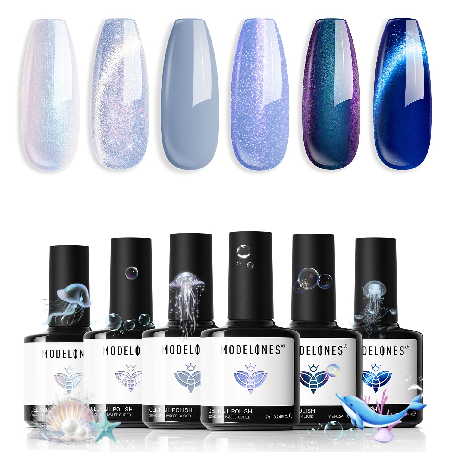 modelones Blue Gel Nail Polish Set 6 Color, Light Dark Blue White Galaxy