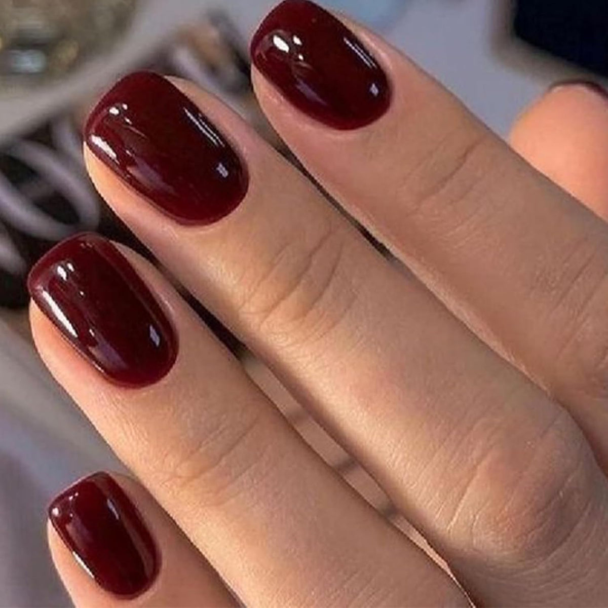 Modelones Burgundy Press on Nails Short Square, Dark Red Fall Fake Nails