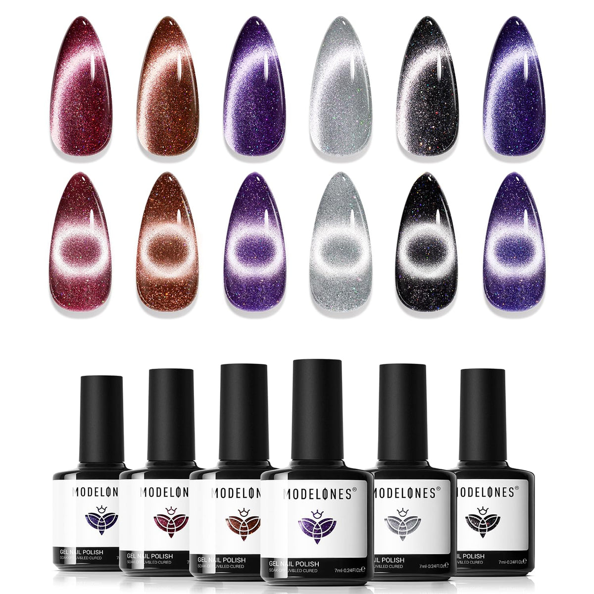modelones Cat Eye Gel Nail Polish Set Glitter 6Colors Red Blue Purple