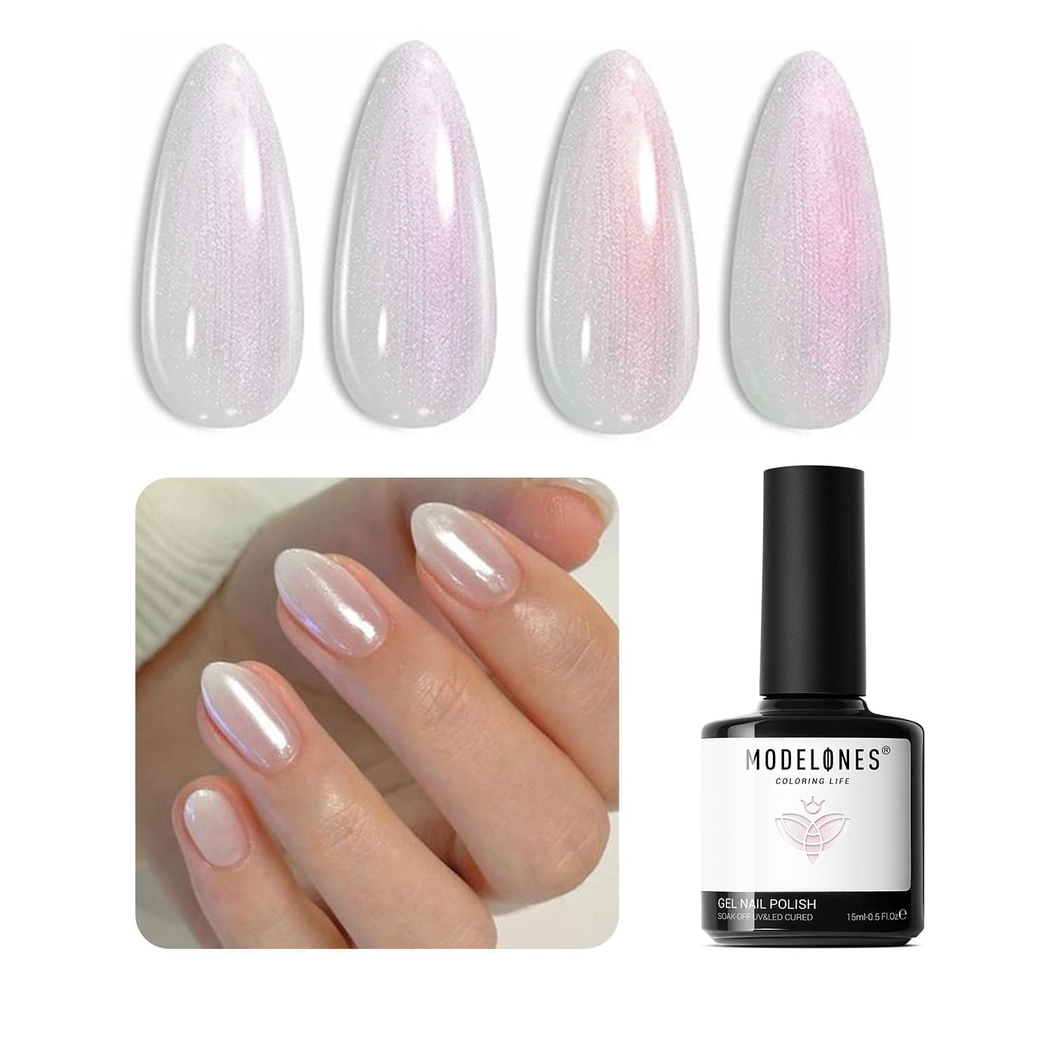 modelones Chrome Gel Nail Polish, Sheer Pearl Opal White Glitter Gel