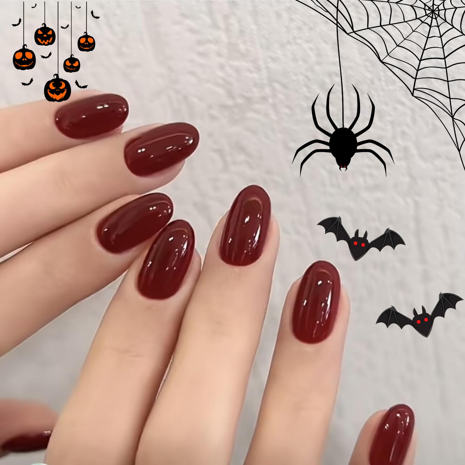 modelones Dark Red Short Press On Nails, Oval Fake Nails with Nail Glue