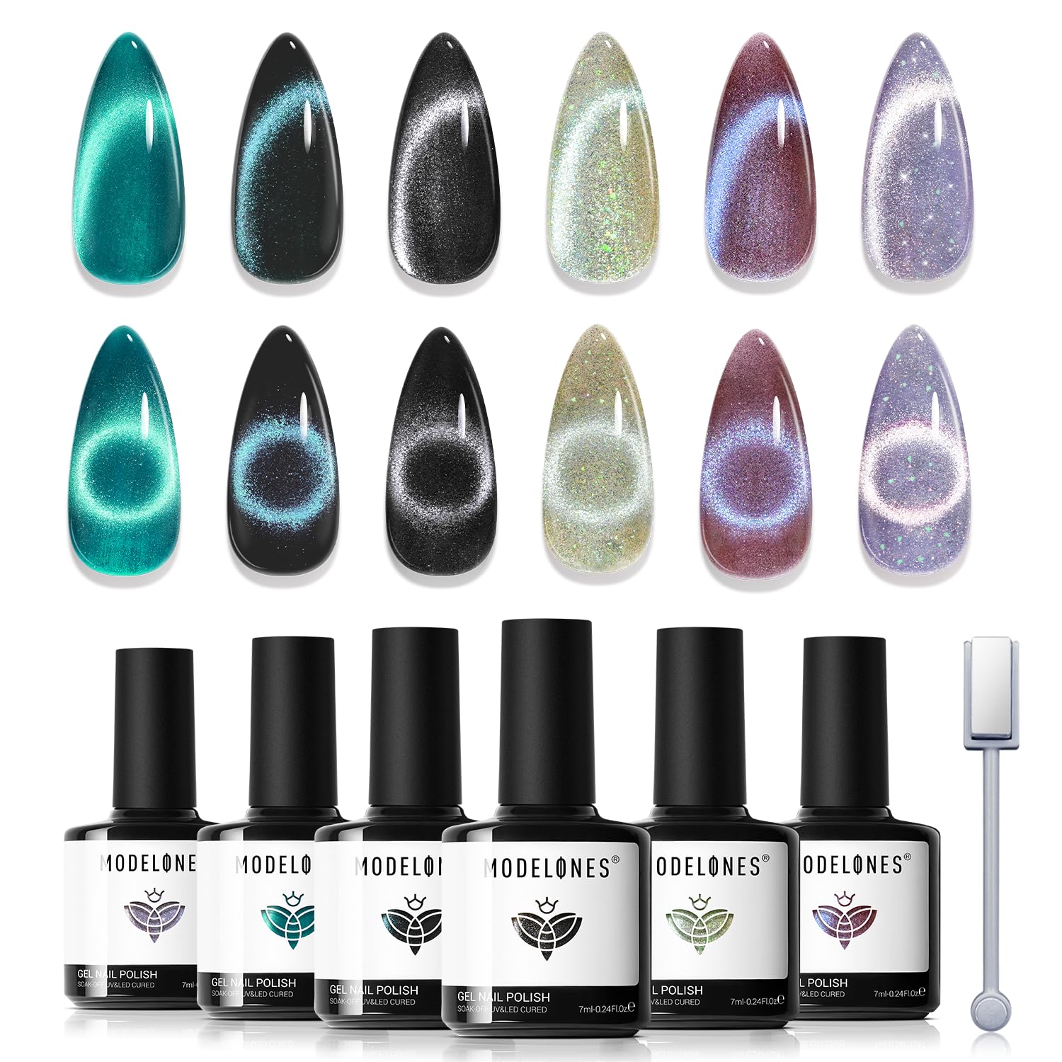 modelones Cat Eye Gel Nail Polish Set, Black Blue Purple Green Cateye Gel
