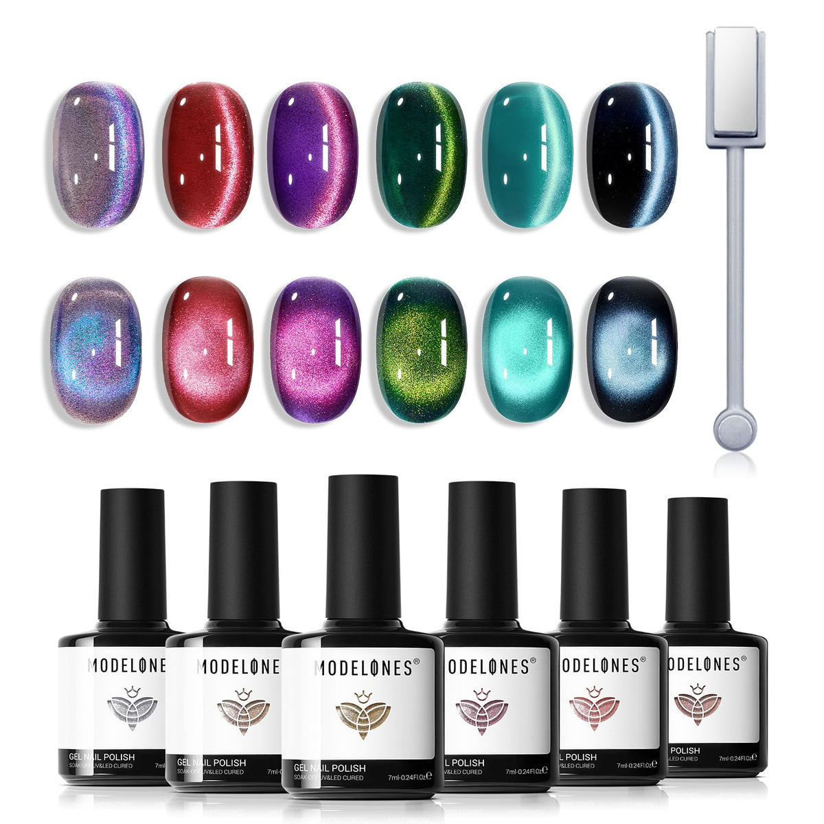 modelones Cat Eye Gel Nail Polish Set Glitter 6Colors Red Blue Green