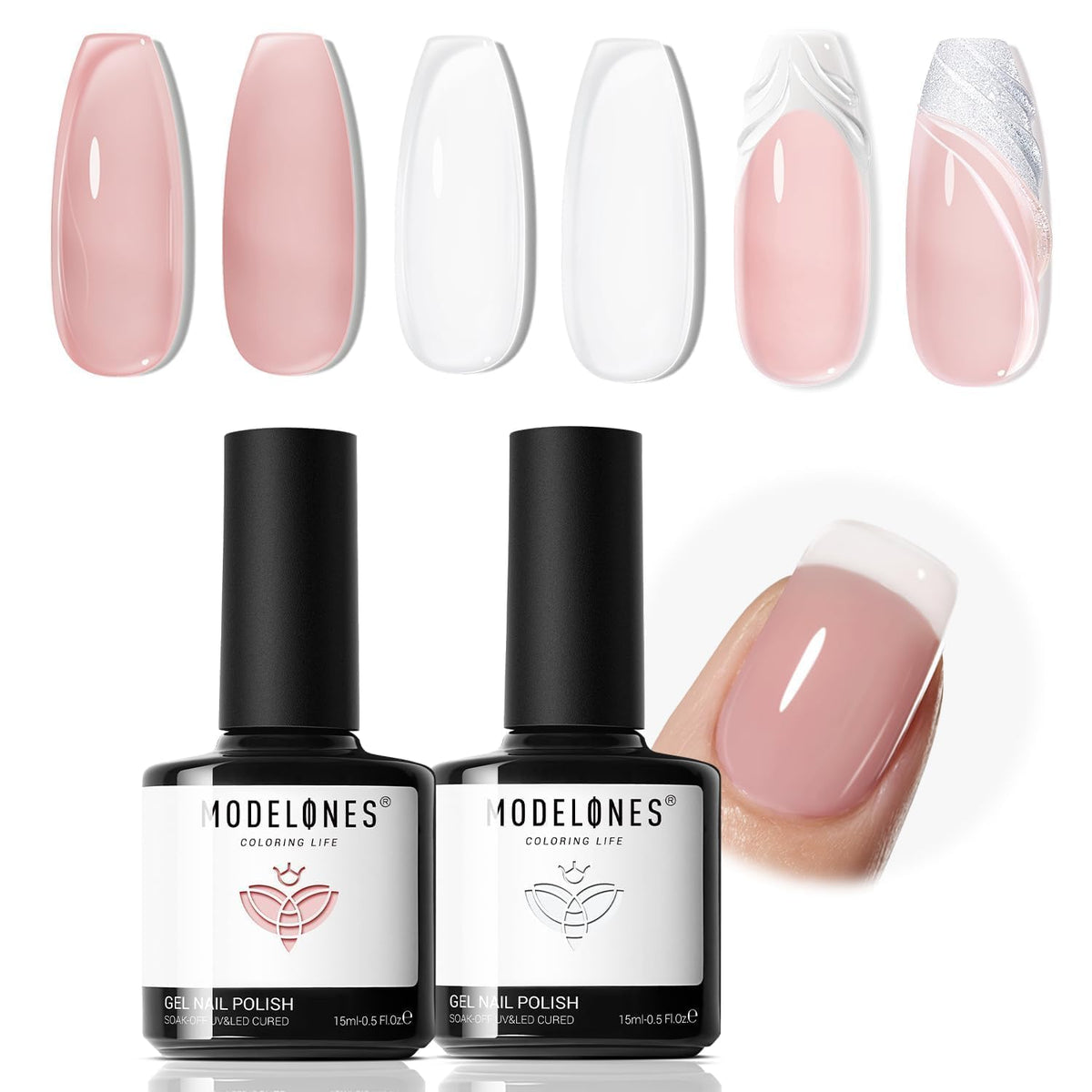 modelones French Tip Gel Polish Set 2 Pcs 15ml Jelly Nude Pink Milky White