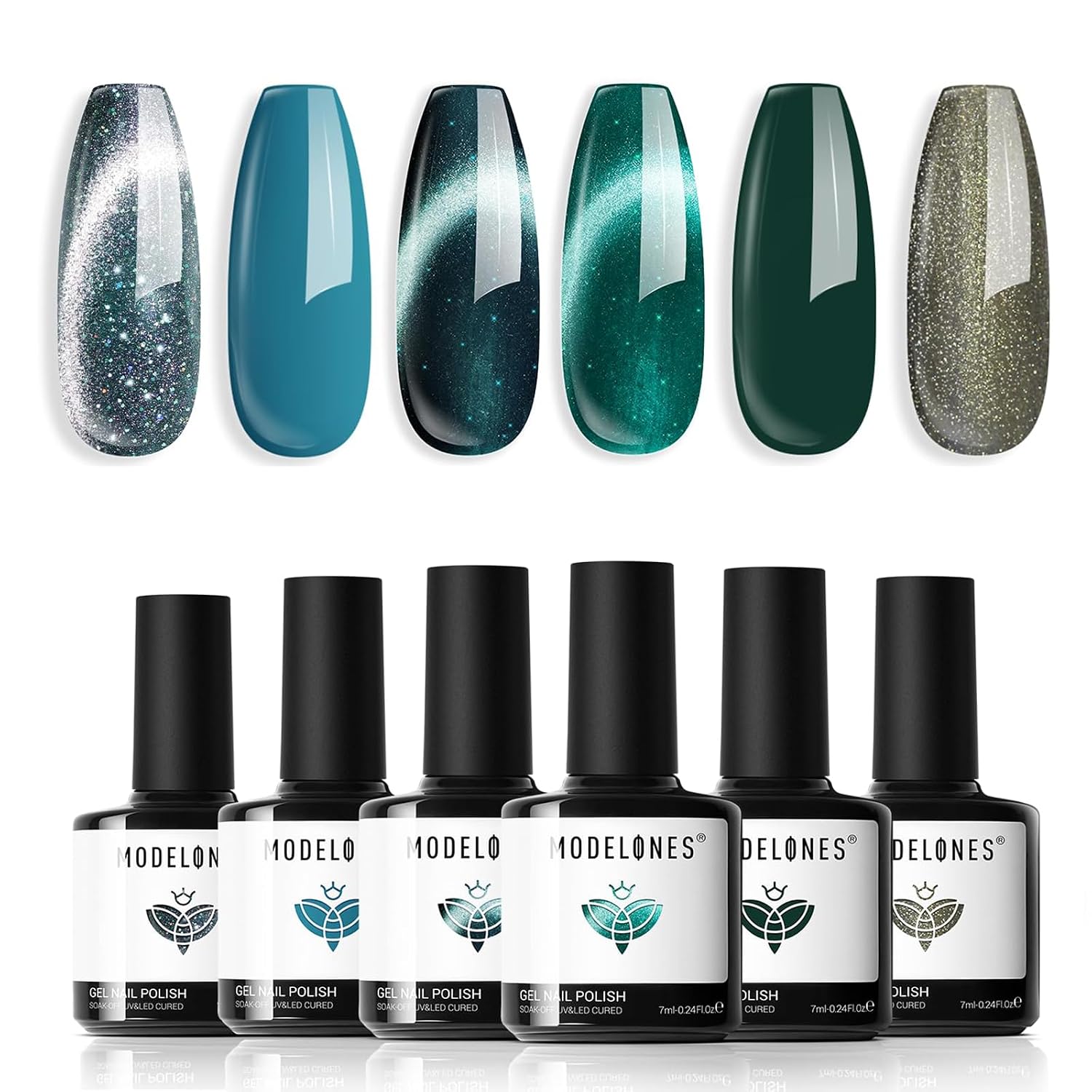 modelones Green Gel Nail Polish Set 6 Colors, Blue Green Sparkle Glitter