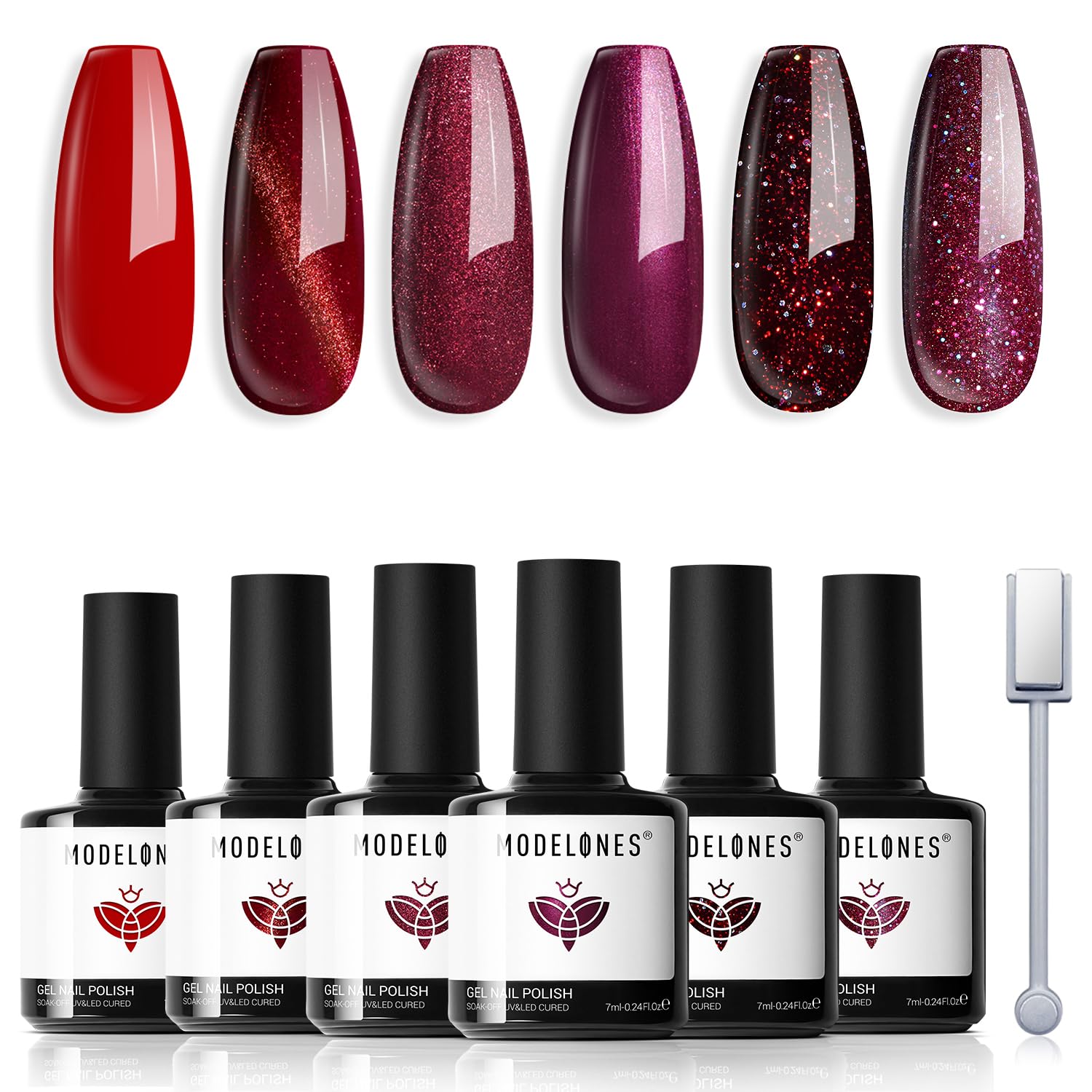 modelones Gel Nail Polish Set, Red Burgundy Purple Glitter Cat Eye Shimmer