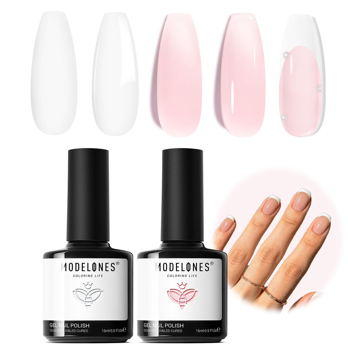 modelones French Manicure Tip Gel Polish Set, 2Pcs 15ML White Jelly Pink Gel Nail Polish Kit Light Pink Milky White French Tip Nail Base Colors Soak Off LED DIY at Home Salon for Women