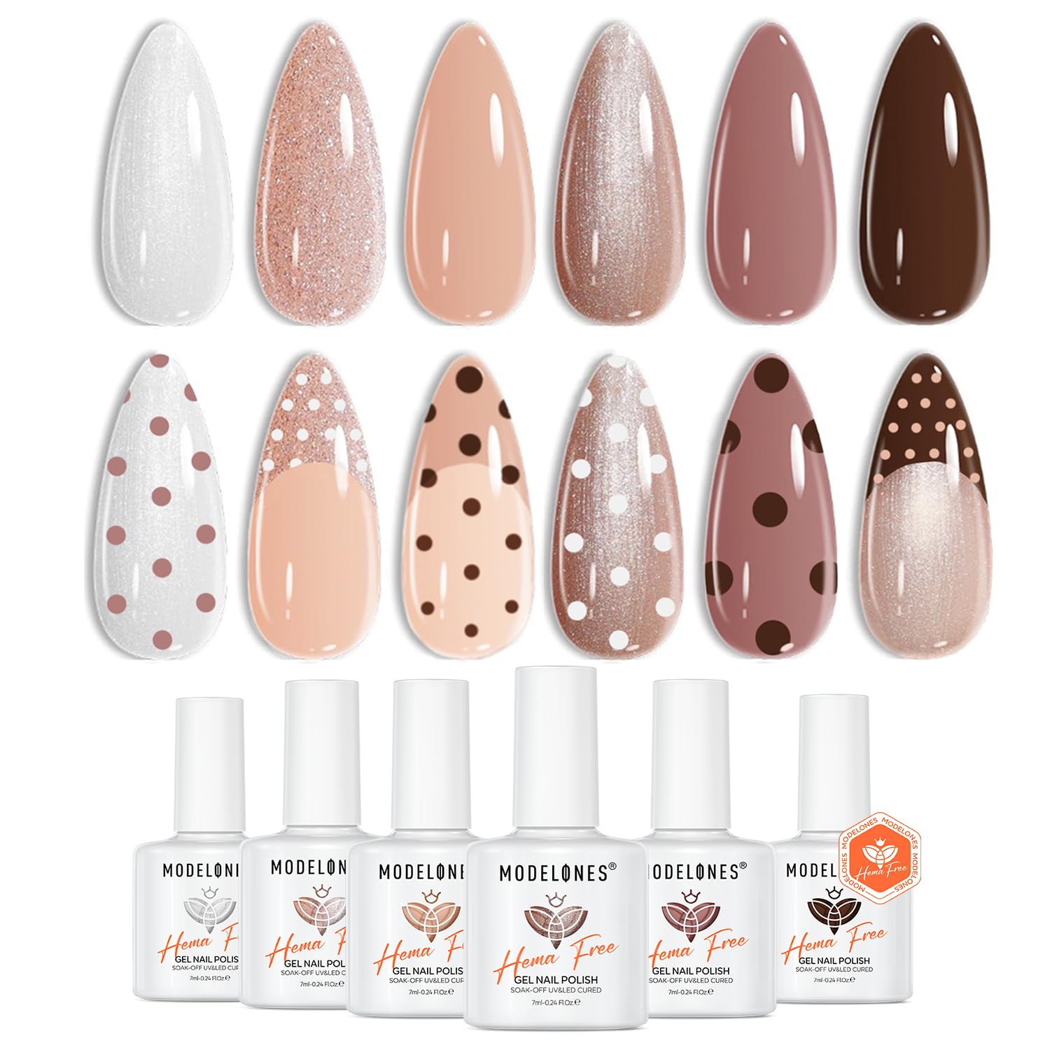 modelones Nude Gel Nail Polish Set, 6 Pcs Hema Free White Beige Khaki Brown