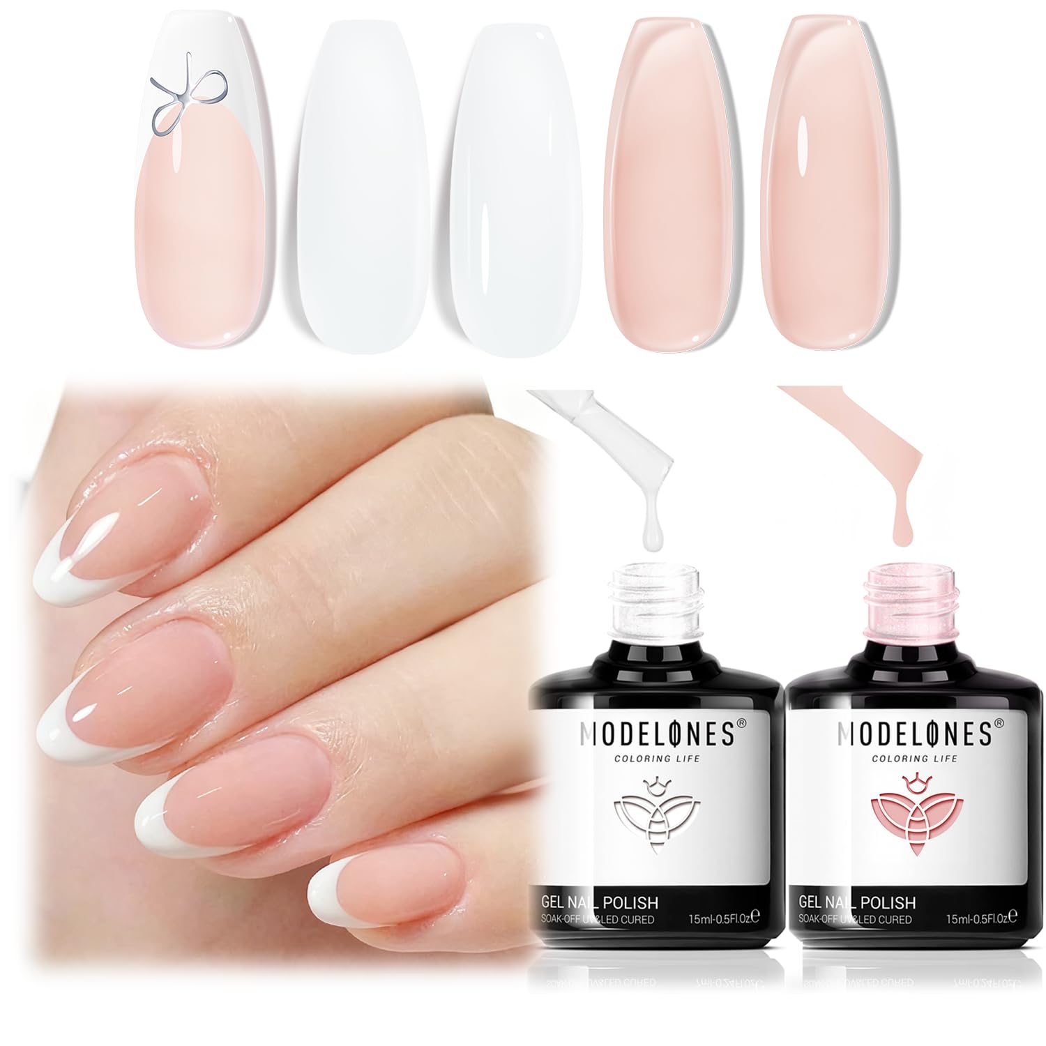 modelones French Tip Gel Nail Polish Set 2 Pcs 15ml Milk White and Nude Pink French Manicure Kit Jelly Nude Soak Off UV Natural Base Color Gel Polish Nail Art Home DIY Gift for Women