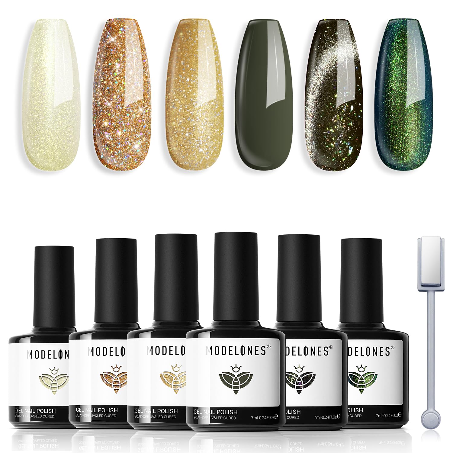 modelones Green Gel Nail Polish Set, 6 Colors Cat Eye Giltter with Magnet