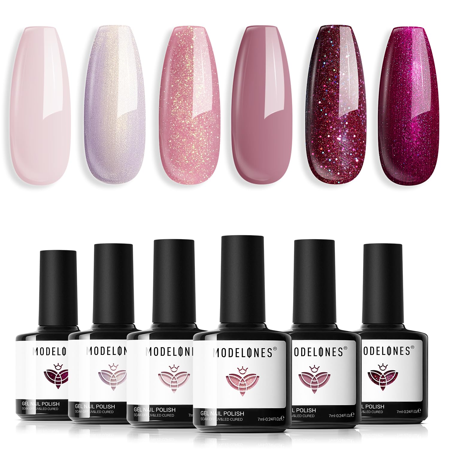 modelones Nude Gel Nail Polish Set 6 Colors, Pearl Pink Burgundy Glitter