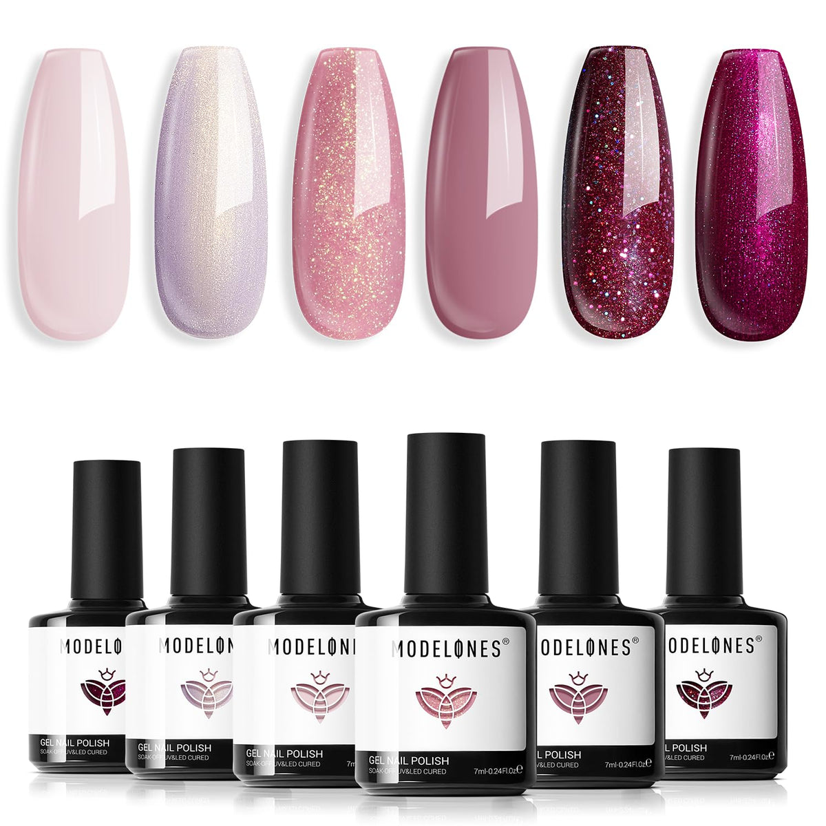 modelones Nude Gel Nail Polish Set 6 Colors, Pearl Pink Burgundy Glitter