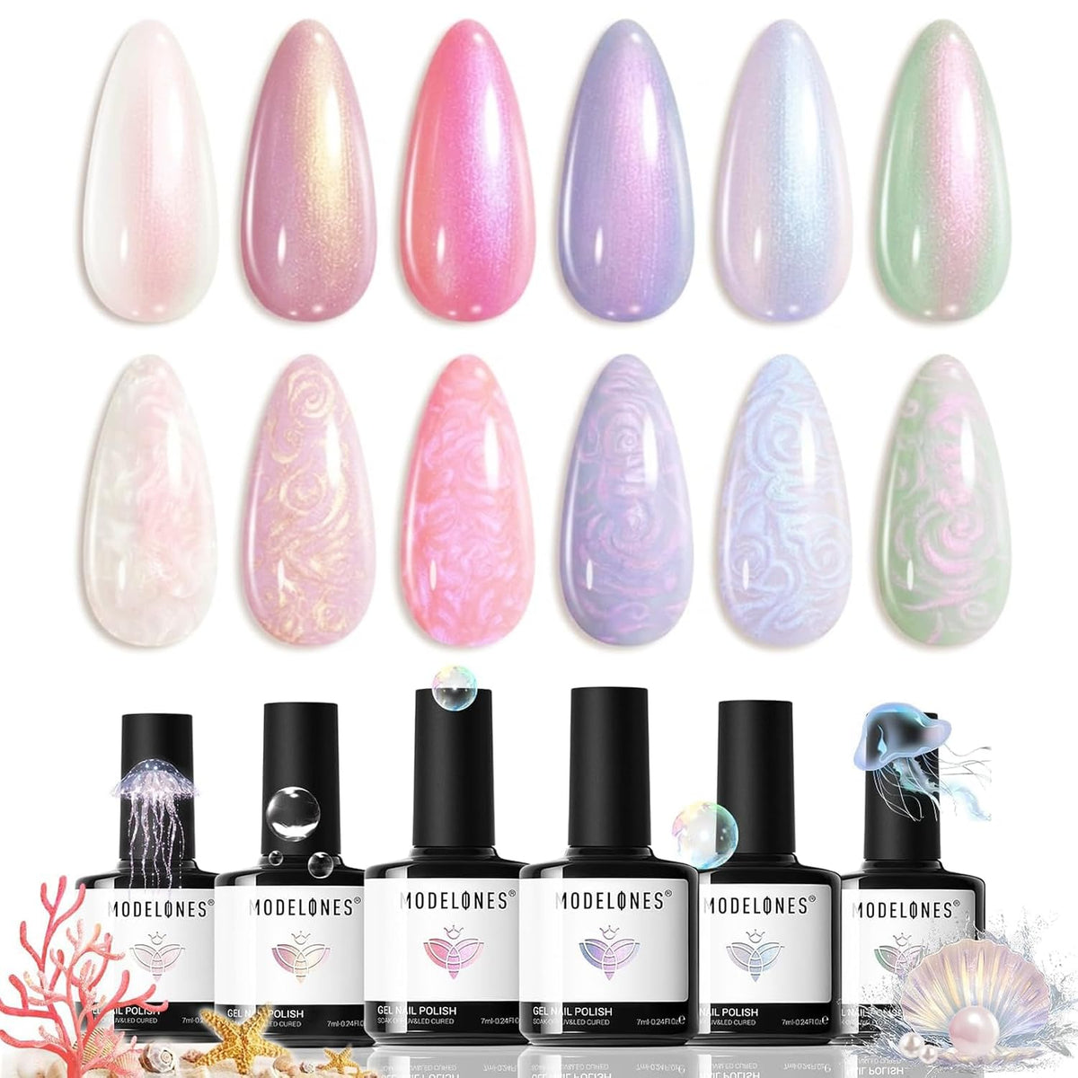 modelones Pearl Gel Nail Polish Set, 6 Colors Aurora Iridescent Shimmer