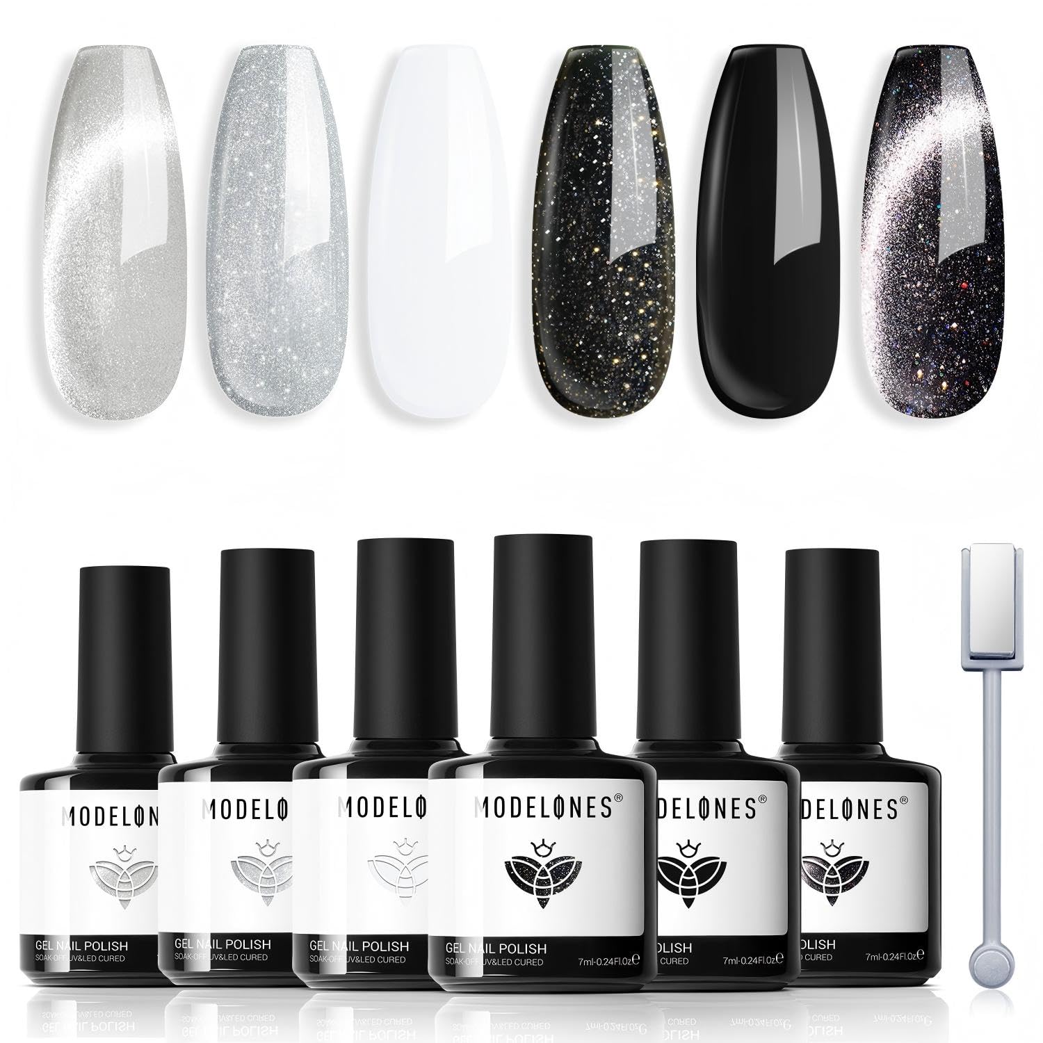 modelones Black White Cat Eye Gel Nail Polish Set, Silver Glitter Shimmer
