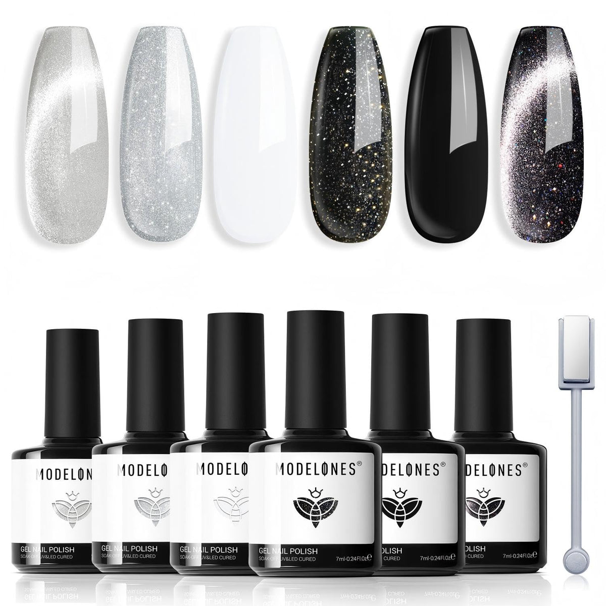 modelones Black White Cat Eye Gel Nail Polish Set, Silver Glitter Shimmer