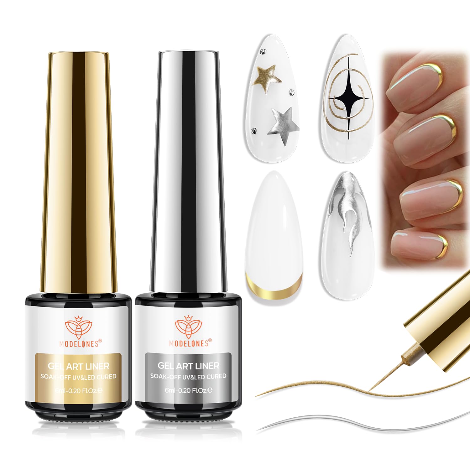 modelones Chrome Liner Gel Nail Polish Gold Silver Built-in Fine Brush