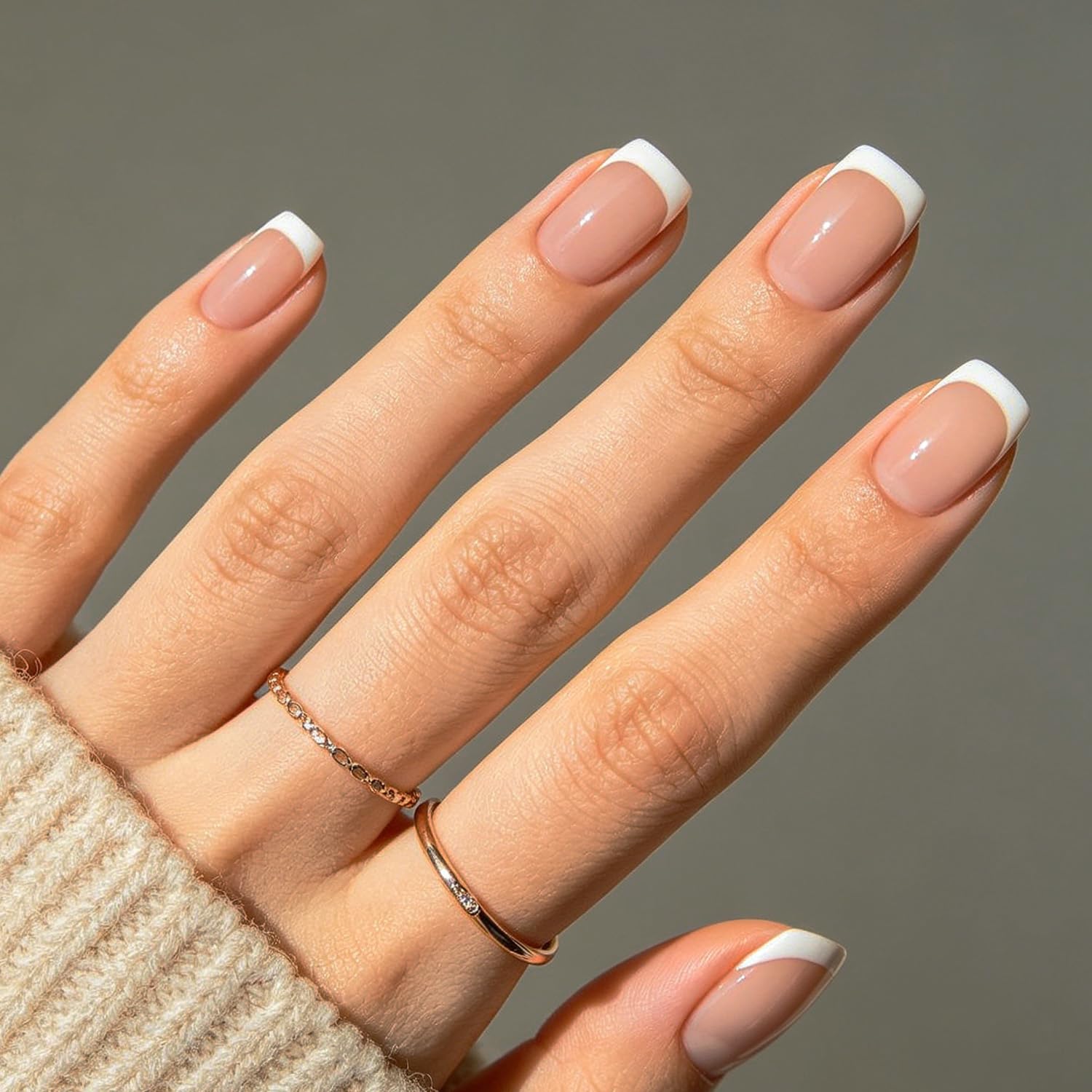 Modelones French Tip Press on Nails Short Square, Pink White Fake Nails